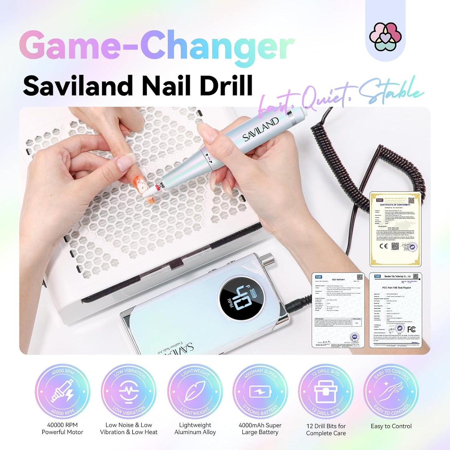 SAVILAND Advance Nail Drill for Acrylic Nails Professional: 40000RPM Nail Drill 6000mAhm High Capacity 2025 Rechargeable Electric Nail File 13 Drill Bits for Nails Manicure Pedicure E File Sky Realm