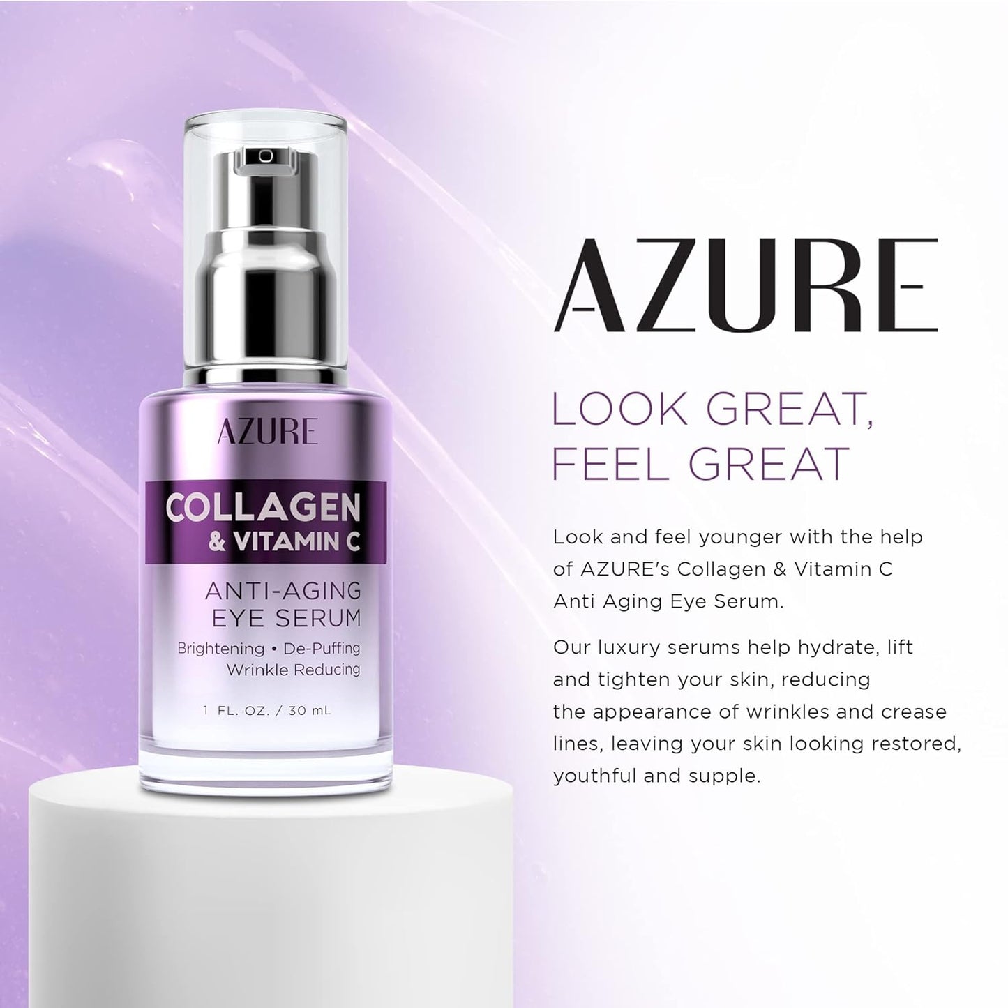 AZURE Collagen & Vitamin C Anti Aging Eye Serum - Toning, De-Puffing & Brightening Serum - Reduces Wrinkles, Fine Lines & Dark Circles - Minimizes Fatigue - Skin Care Made in Korea - 30mL / 1 fl.oz.