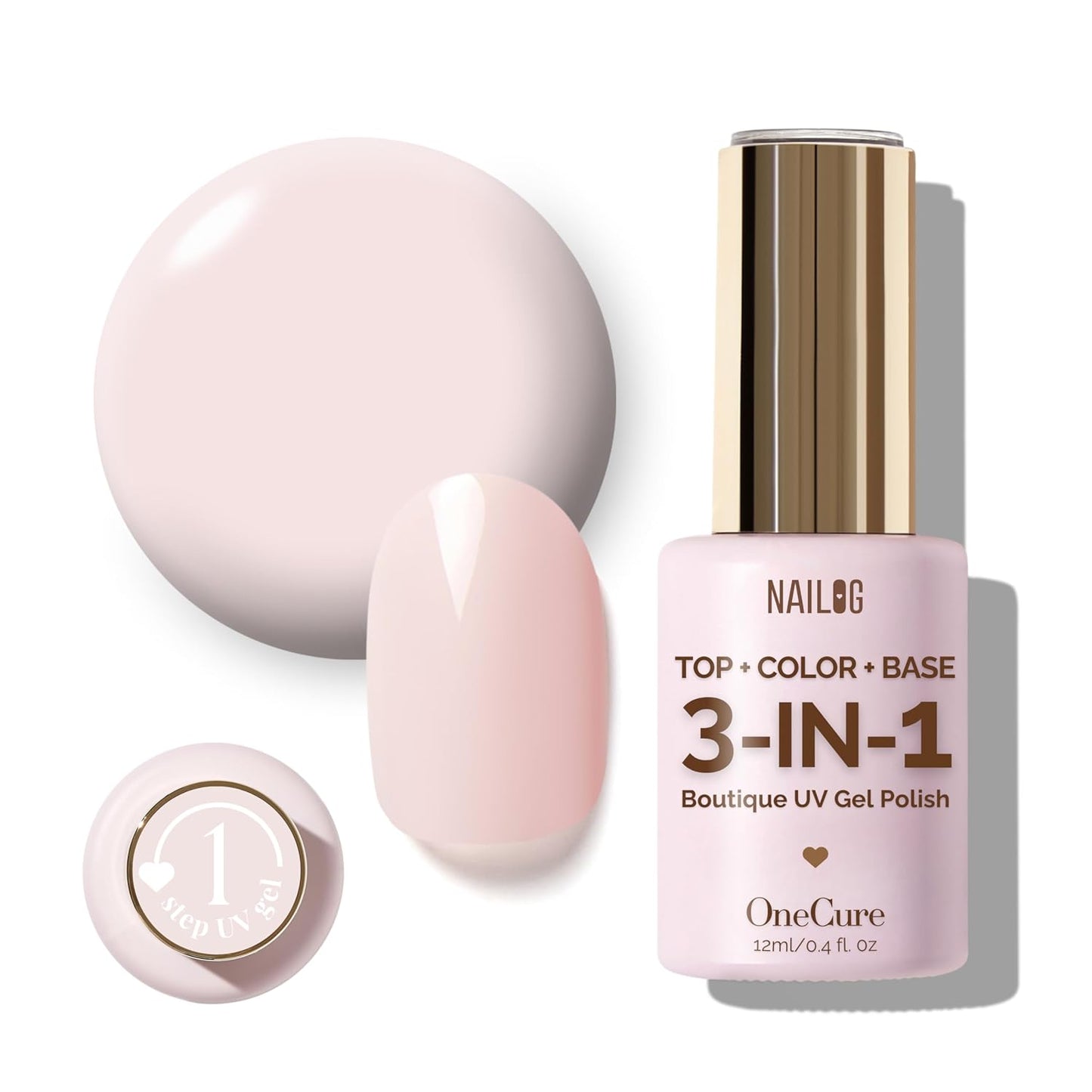 NAILOG One Step Light Pink Gel Nail Polish 12ml Top Coat Color Gel Base 3-In-1 Formula Soak Off UV Gel Polish for Home DIY & Gifting | Light Ballet Pink