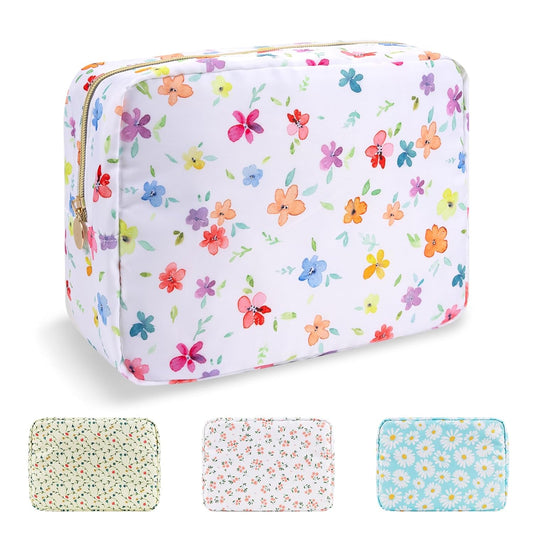 Waterproof Large Floral Makeup Pouch,Nylon Travel Toiletry Storage Purse Preppy Cosmetic Bag for Women Girl,Large Capacity Makeup Organizer Zipper Pouch for Work(L Colorful-Flowers)