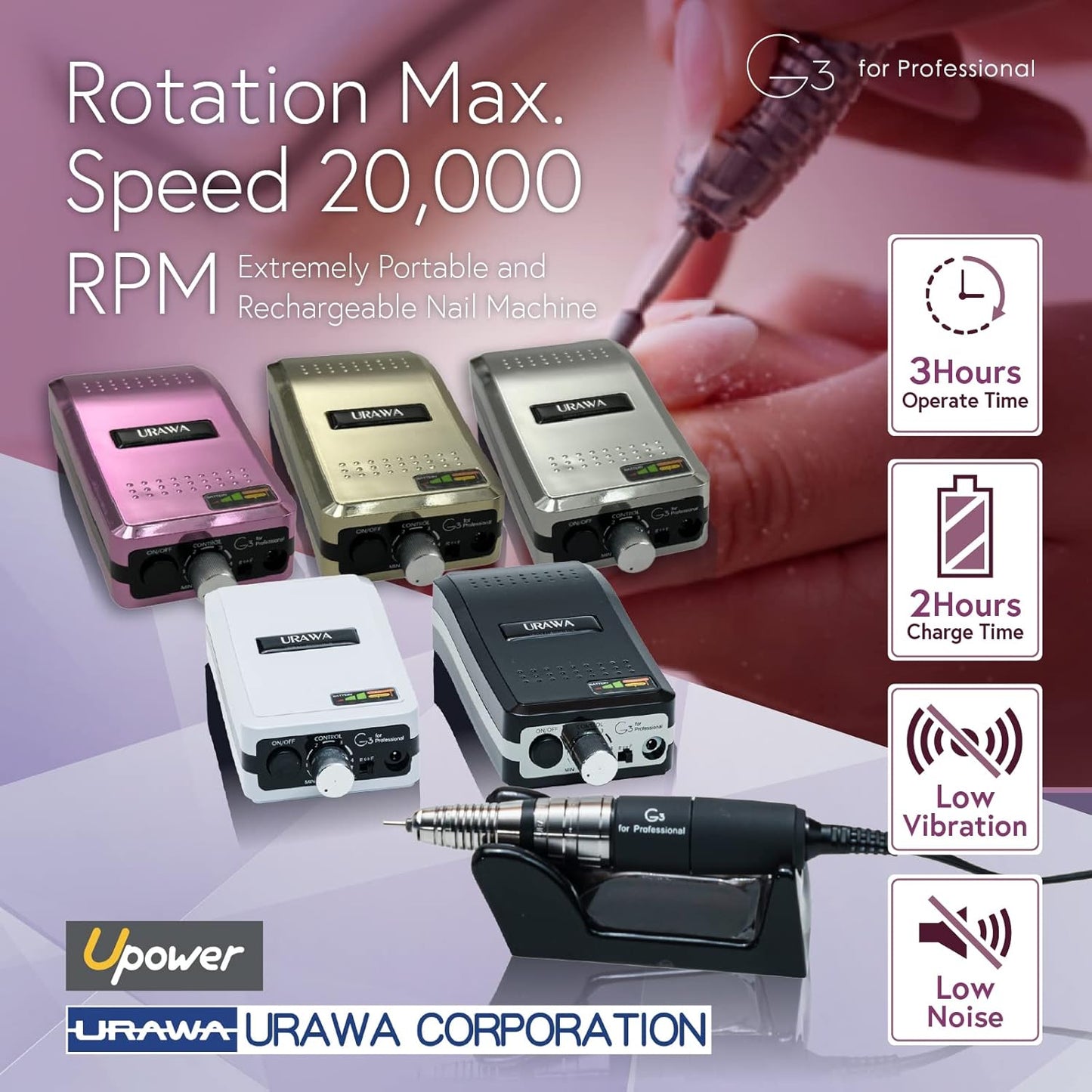 [Upower] G3 Professional Nail Drill Machine, 20000 RPM Electric File for Nails, Rechargeable Portable Nail Machine, Low Noise & Low Vibration (Made in Japan) Produced by URAWA Corp. [Black]