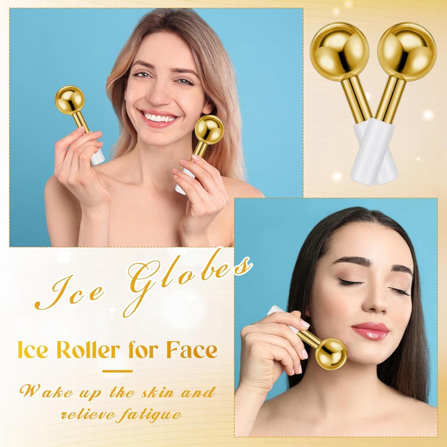 Baderke 2 Pcs Ice Globes for Face Stainless Steel Cooling Globes Unbreakable Cooling Roller Women Ice Balls Cryo Sticks Face Skin Care for Dark Circles, Puffiness(Gold (white Handle))