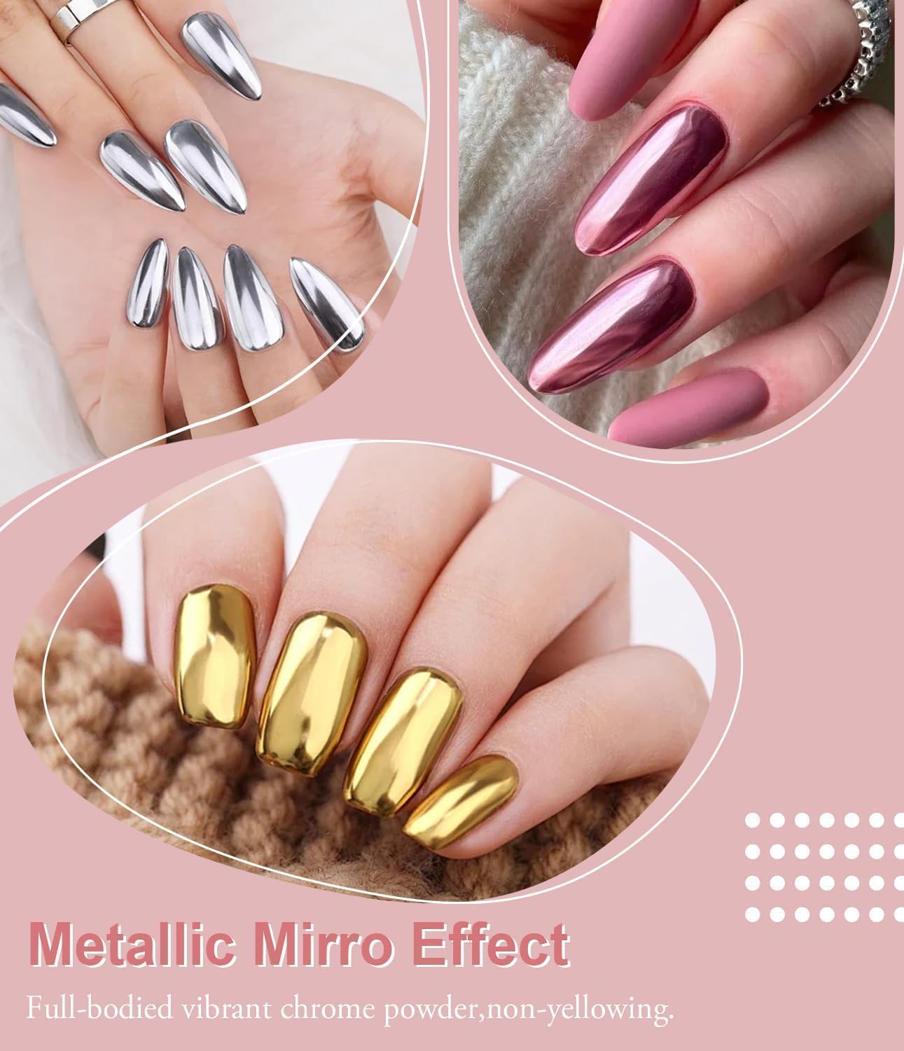 Chrome Nail Powder BISHENGYF - 6 Colors Rose Gold White Orange Metallic Effect Mirror Powder for Nails Aurora Iridescent Pearlescent Chrome Powder for Nails Art DIY Decoration