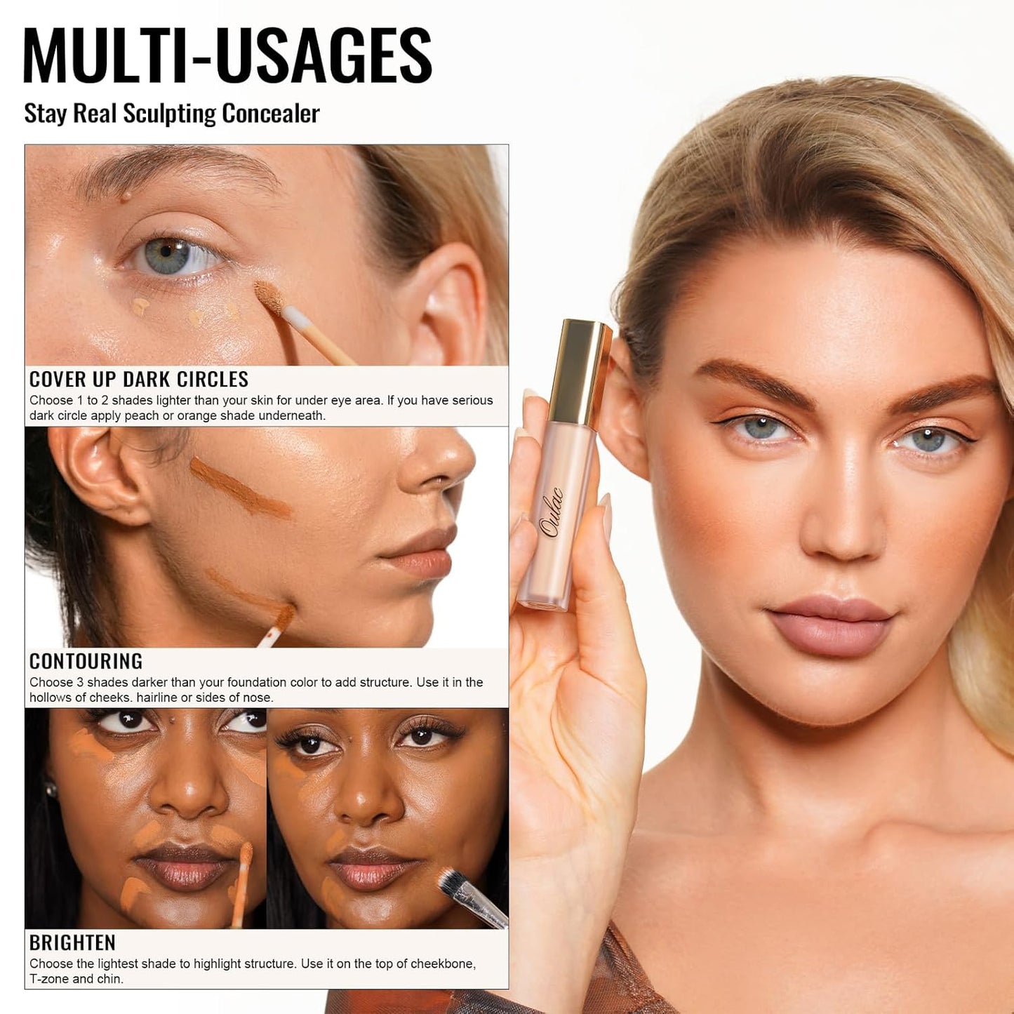 Oulac Concealer Full Coverage, Concealer Stick for Dark Circles, Hydrating Concealer Infused with Hyaluronic Acid, Lightweight, Long Lasting, Vegan Concealer 3.8ml, Shade: W9 Deep