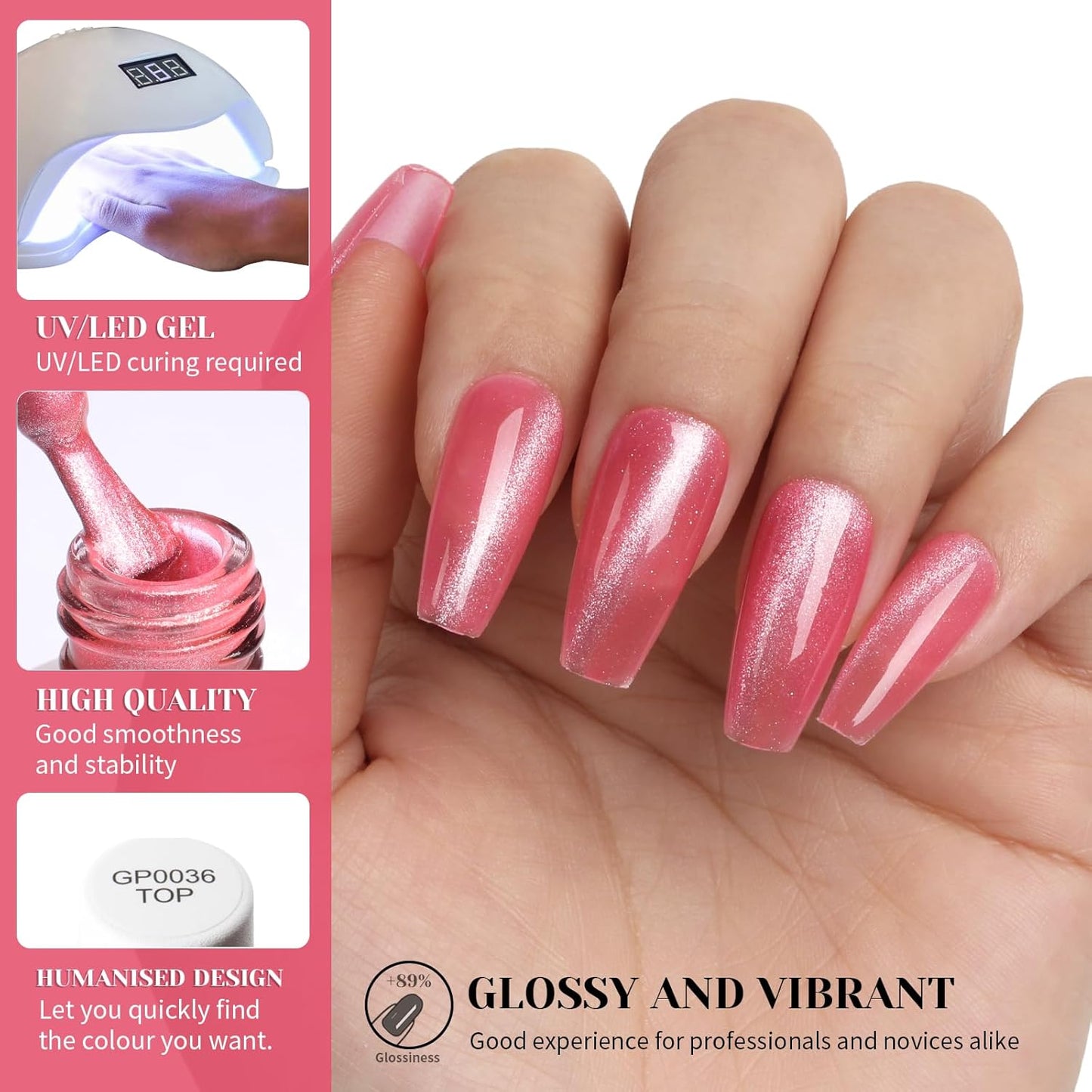 Coral Pink Cat Eye Gel Nail Polish,Crystal Holographic Magnetic Cateye Gel Polish, Pink Color Gel Silver Shimmer Velvet Soak Off Uv Led Home Diy Manicure- GP0083