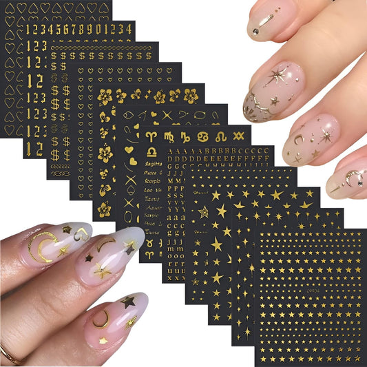 12 Sheets Gold Nail Art Stickers Decals 3D Self Adhesive Letter Heart Nail Decals,Flower Star Nail Stickers,Gold Nail Stickers for Nail Art,Nails Supplies for Women Girls