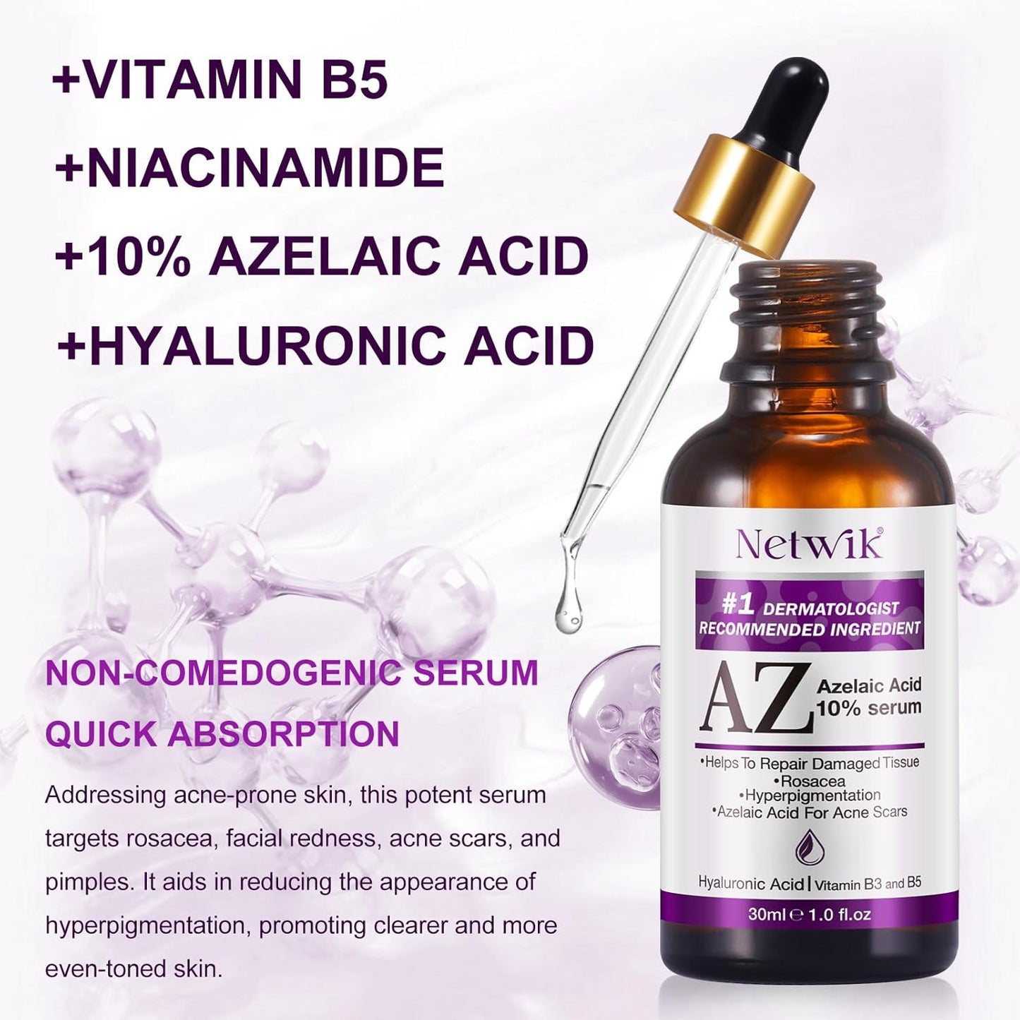 Azelaic Acid Serum - Azelaic Acid 10% for Acne Treatment - Fast Rosacea Skin Care - Redness Relief Face and Boost Skin Radiance with Niacinamide & Vitamin B3, B5 and Hyaluronic Acid, 1 Fl Oz