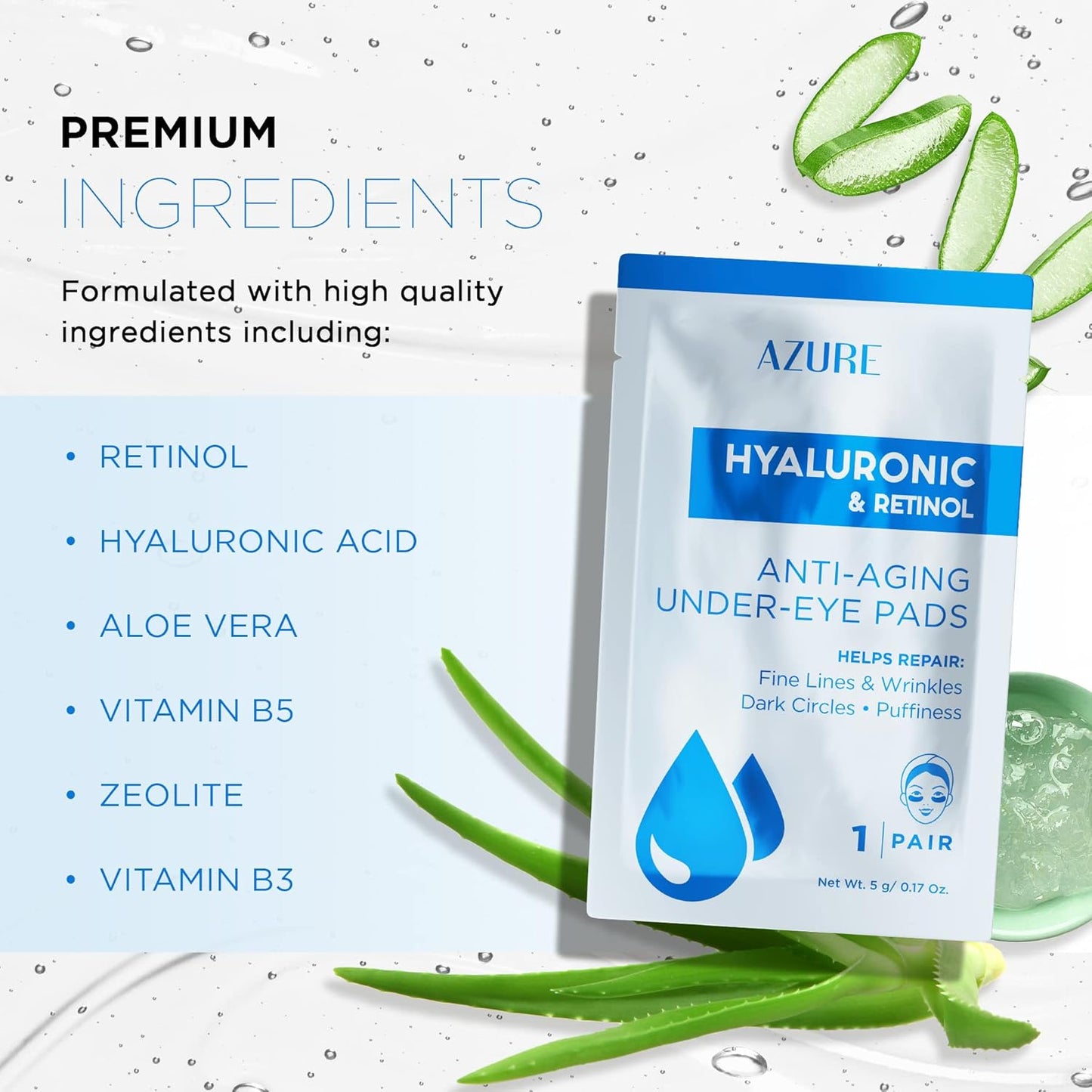 AZURE Hyaluronic & Retinol Anti Aging Under Eye Pads- Moisturizing & Rejuvenating Eye Mask Patches - Reduces Fine Lines, Wrinkles, Dark Circles & Puffiness - Skin Care Made in Korea - 5 Pairs