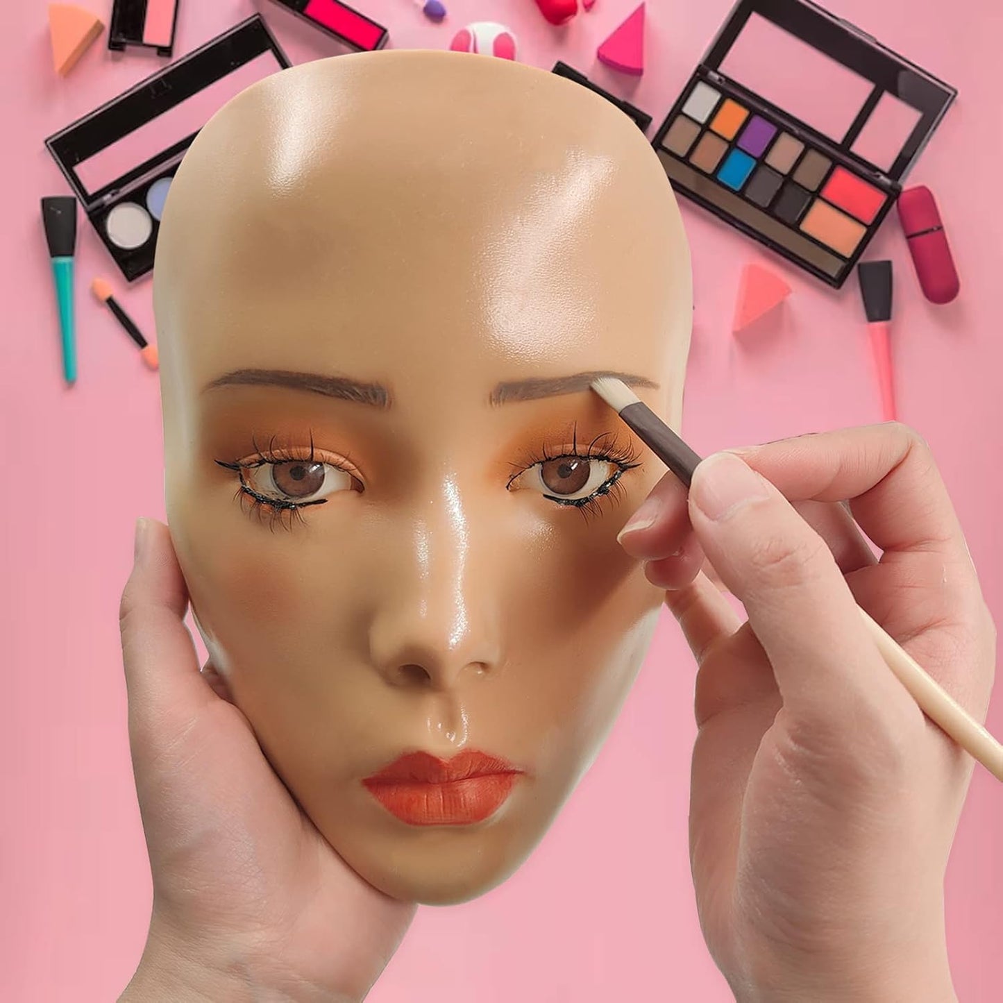 3D Makeup Practice Face,Reusable Makeup Mannequin Face with Makeup Brushes Set,Silicone Full Face Practice Eyelash Eye Shadow,for Emerging Makeup Artist,for Girl's Gift