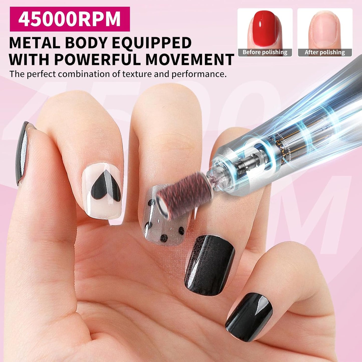 Electric Nail Drill Professional Kit - 45000RPM Electric Nail File Efile Portable Nail Drill Cordless with Bits & Base,E File Machine Nail Grinder for Women (Rose Red)