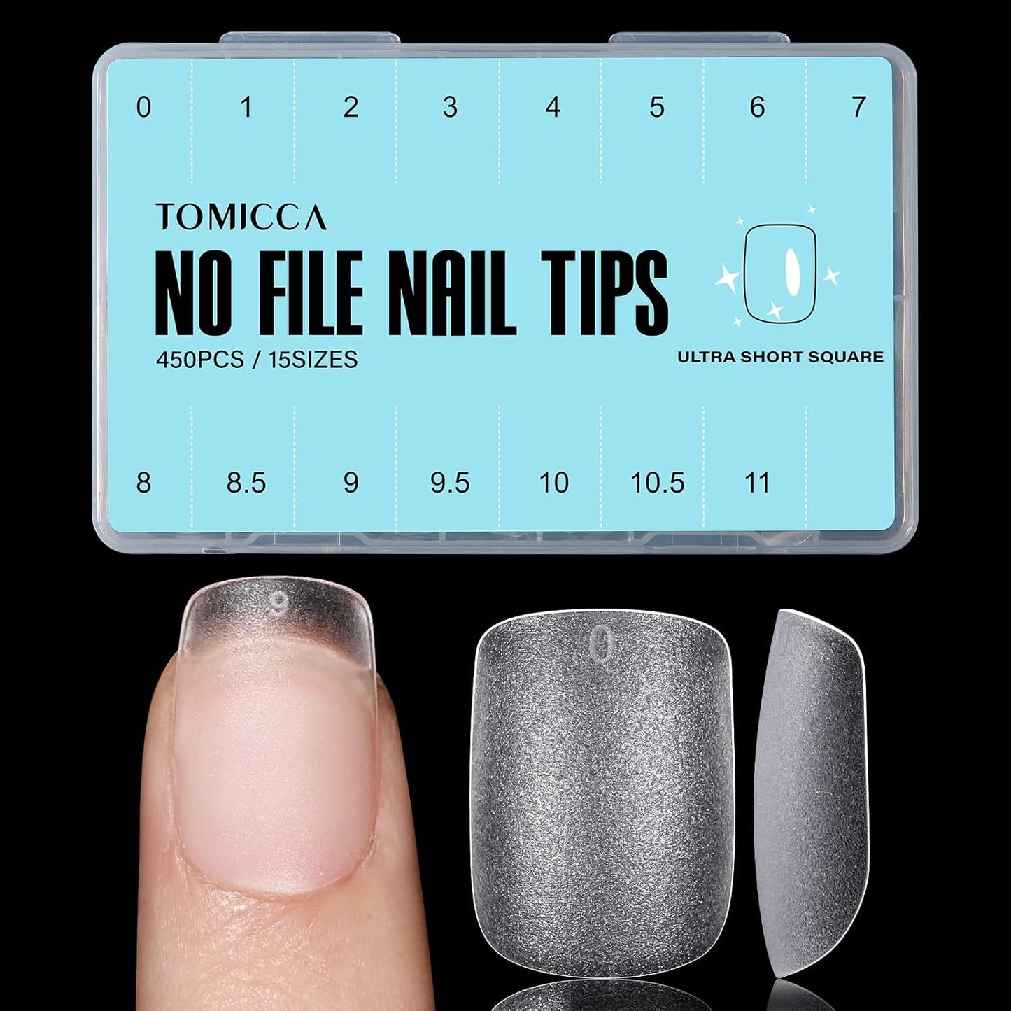 TOMICCA Extra Short Square Nail Tips, 15 Sizes Soft Double-sided Matte Fake Nails for Extensions, 450Pcs Acrylic Pre Shaped Gel Nail Tips for Home DIY Art Women Girls