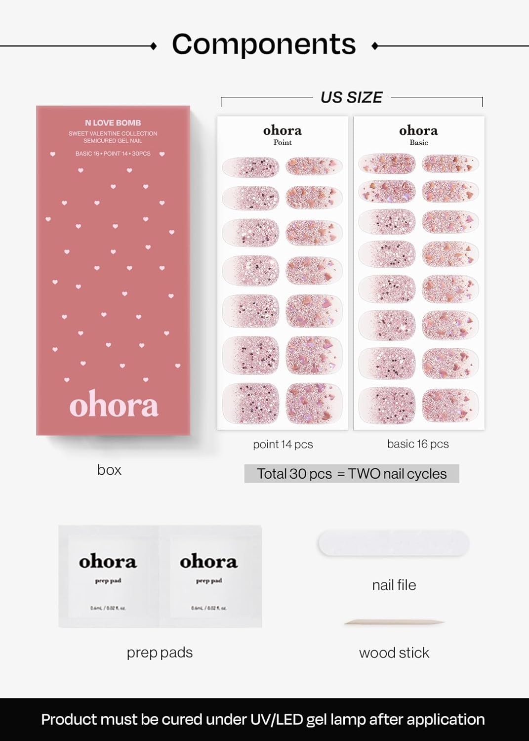 ohora Semi Cured Gel Nail Strips (N Love Bomb) - Pink, Glitter, Works with Any UV/LED Lamps, Salon-Quality, Long Lasting, Easy to Apply & Remove - Includes 2 Prep Pads, Nail File & Wooden Stick