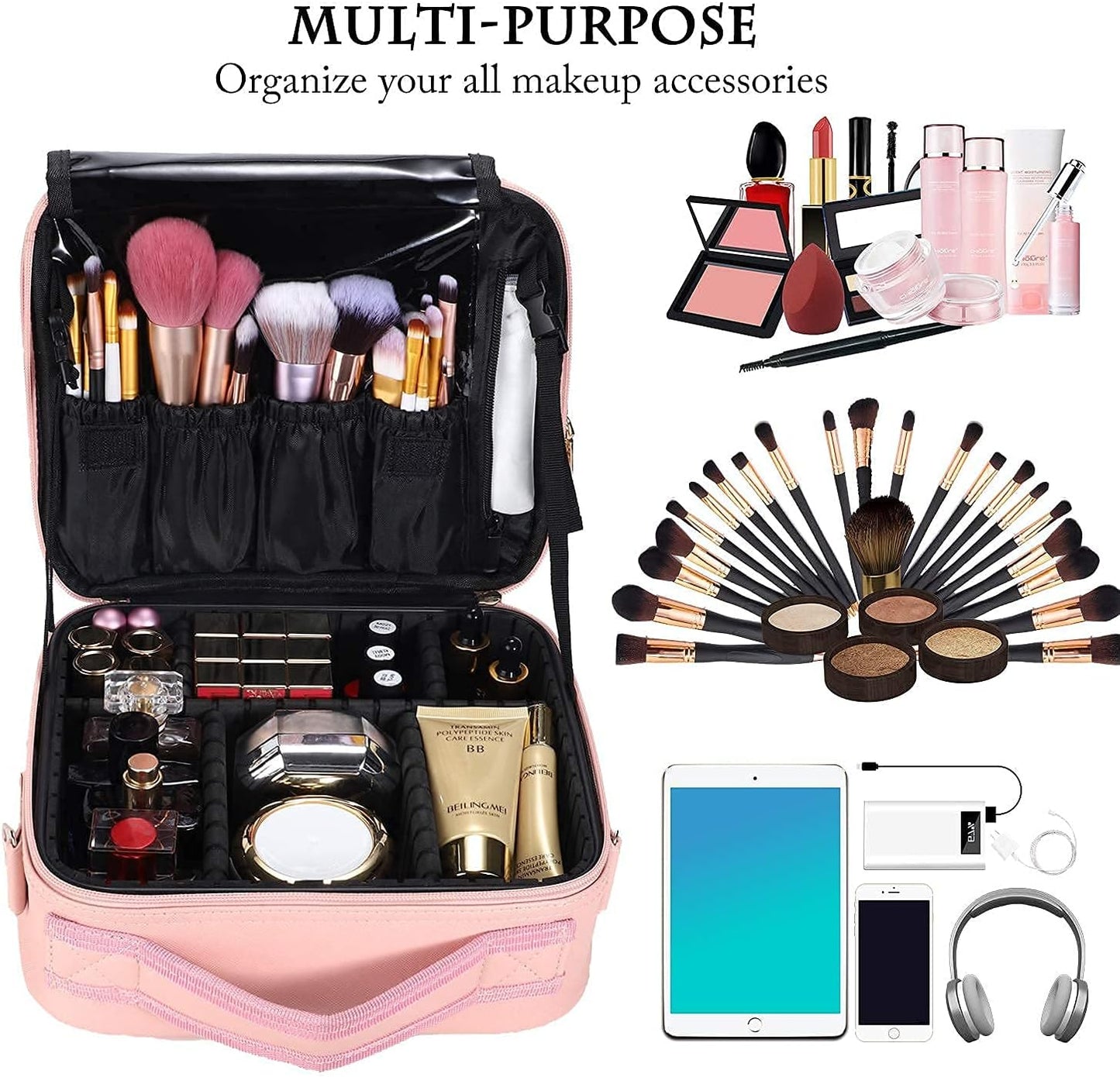 JOURMON Travel Makeup Bag Portable Cosmetic Train Case Organizer Artist Storage Bag with Adjustable Dividers for Cosmetics Makeup Brushes Toiletry Jewelry Digital Accessories(Cute Pink,S)