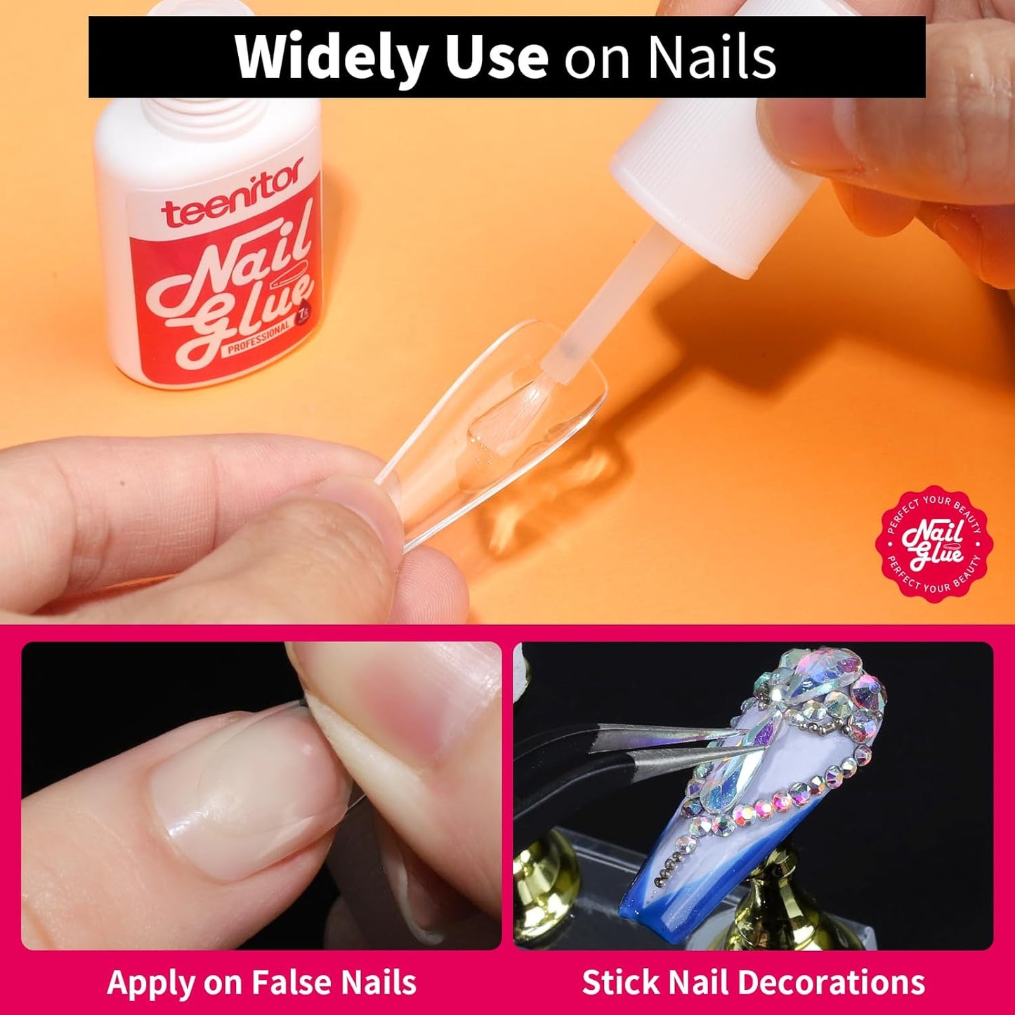 Teenitor Pink Nail Glue, 10 Pack Brush On, Strong for Press Ons & Acrylic Nails, Water Resistant, Fast Drying, No Lamp Needed