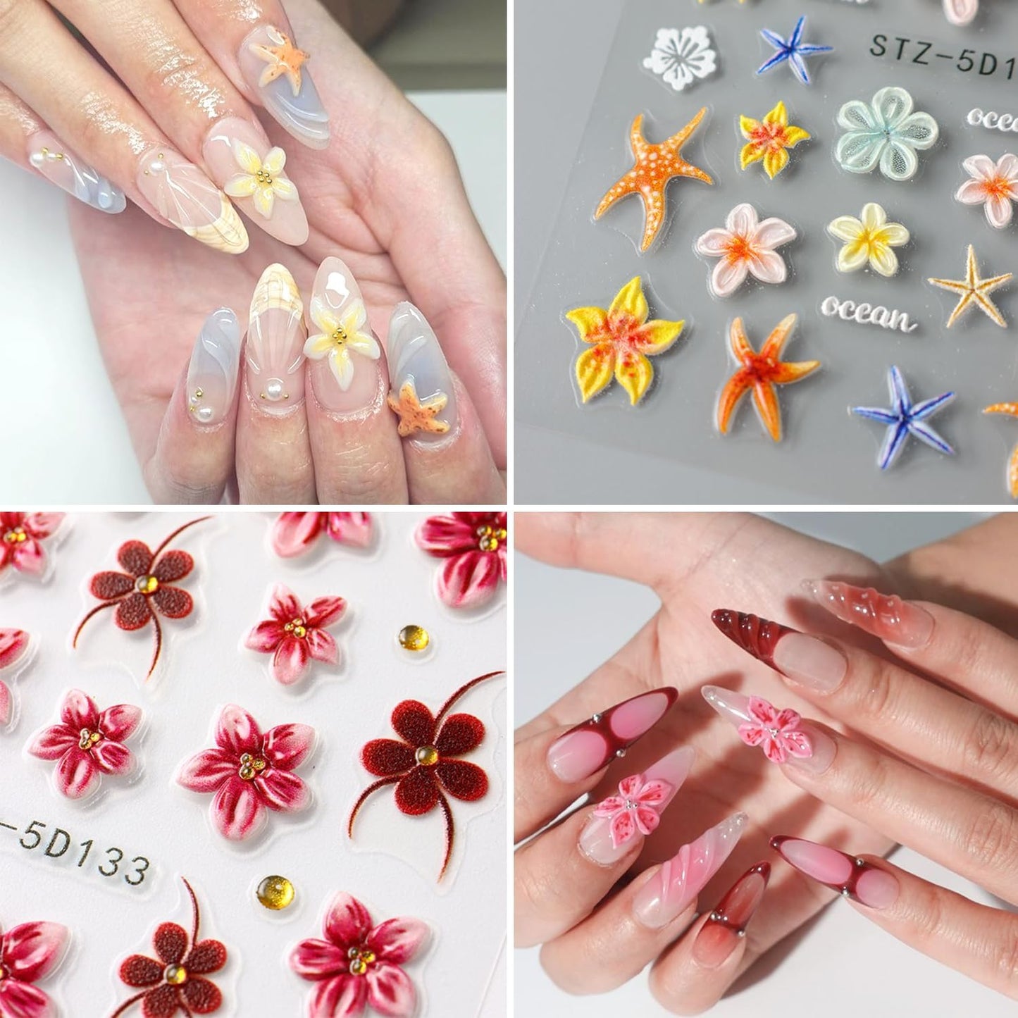 Cute Flowers Nail Art Stickers 5D Embossed Flower Nail Decals with Rhinestones Design Nail Stickers Self-Adhesive Colorful Floral Starfish Nail Decal French Sticker for Women Summer Hawaii Nails Decor