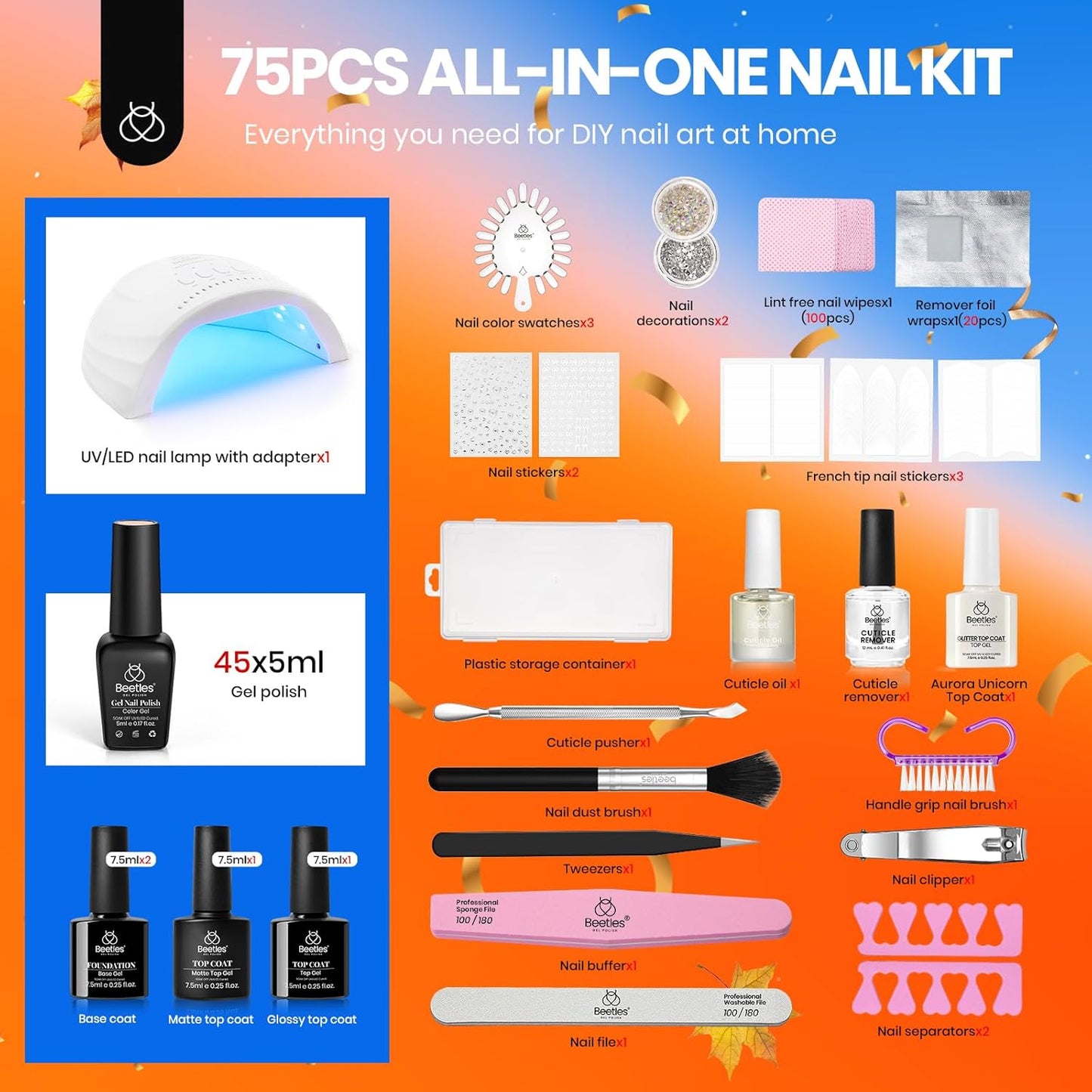 Beetles Gel Nail Polish Kit with U V Light-75PCS Chic Outfits 45 Colors Gel Polish Starter Kit,Soak Off All Season Gel Nail Kit with 5PCS Base Top Coat Nail Art Tools-Perfect Manicure Kit for Women