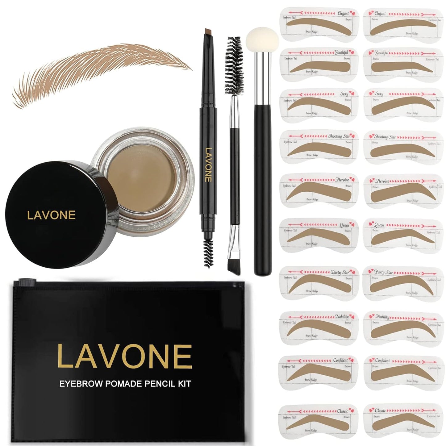 LAVONE Eyebrow Stamp Stencil Kit for Eyebrows, Brow Stamp Trio Kit with Waterproof Eyebrow Pencil, Eyebrow Pomade, 20 Eyebrow Stencils, Dual-ended Eyebrow Brush and Sponge Applicator - Blonde