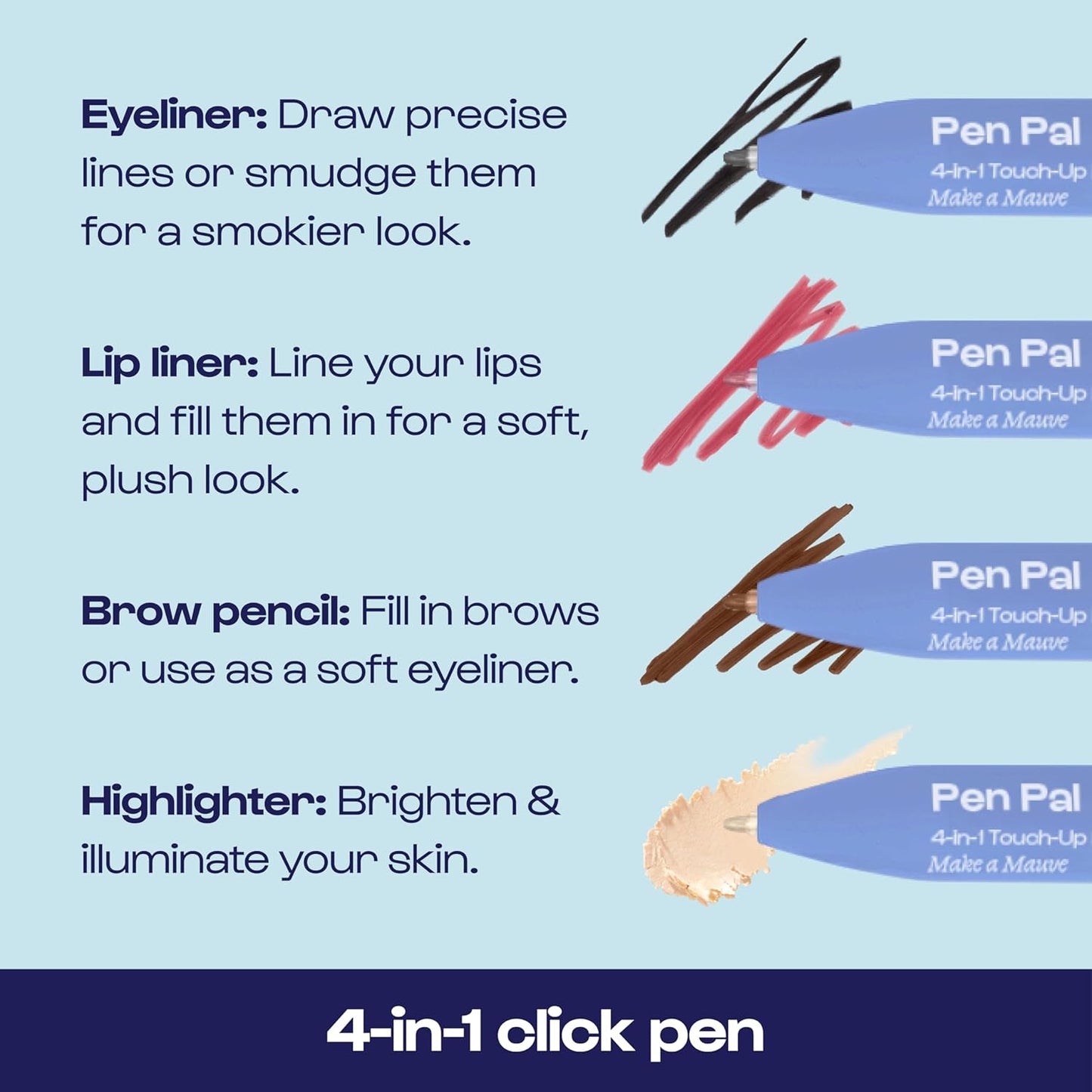 Alleyoop Pen Pal Touch-Up 4-in-1 Makeup Pen, Make A Mauve (Light - Medium) - Travel Make Up Set with Eyeliner, Brow Pencil, Highlighter & Lip Liner - High-Pigment Formula, Easy & Smooth Application