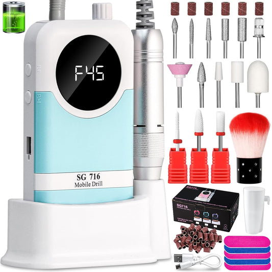 Electric Nail Drill Professional Kit - 45000RPM Electric Nail File Efile Portable Nail Drill Cordless with Bits & Base,E File Machine Nail Grinder for Women (Blue)