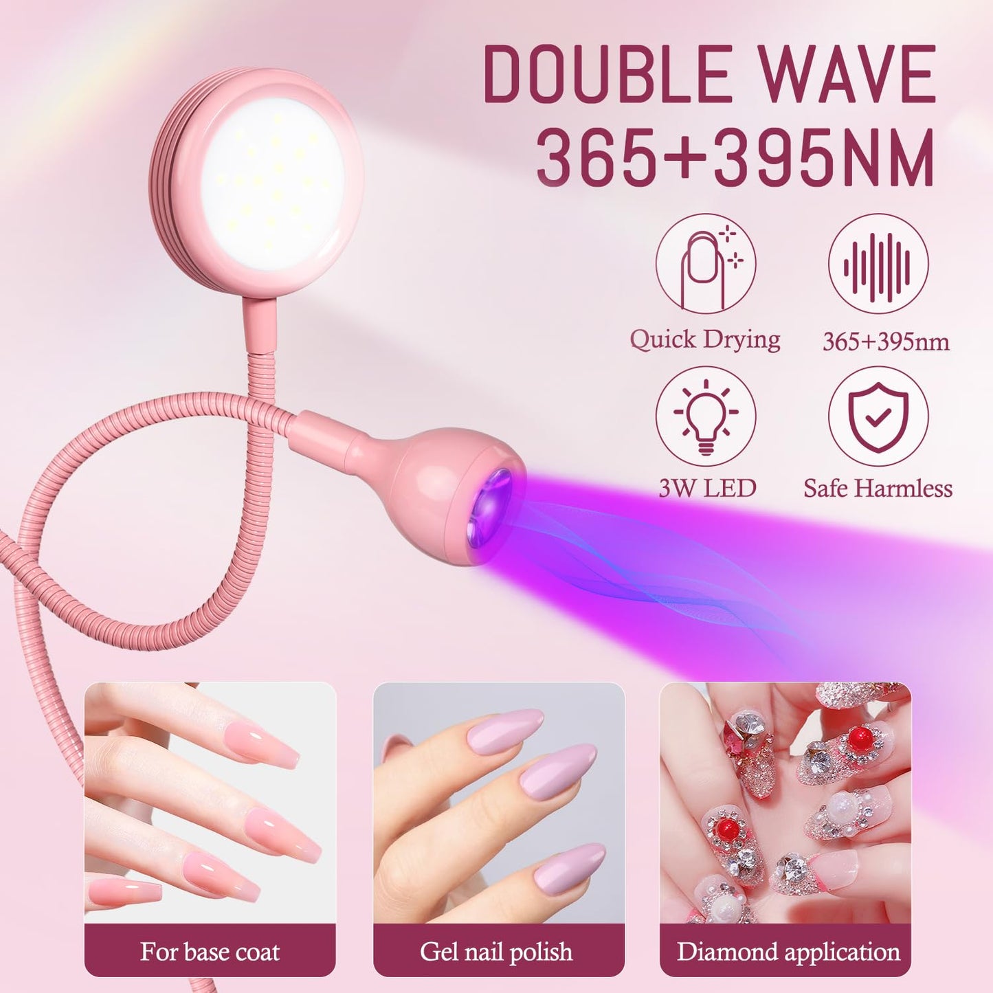 AORAEM LED Nail Lamp Double-Headed UV LED Light Quicky-Dry Duck Neck UV Lamp Dryer Curing Light with Portable Gooseneck and Clamp Flash Cure U V Light for Gel Nails Professional Home DIY Salon Pink