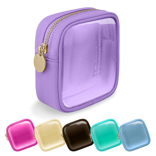 Clear Mini Makeup Bag for Purse, Small Nylon&PVC Cosmetic Travel Bag TSA Approved Toiletry Bag with Zipper, Preppy Transparent Makeup Travel Bag Coin Purse for Women Men Girls(Mini-Purple)
