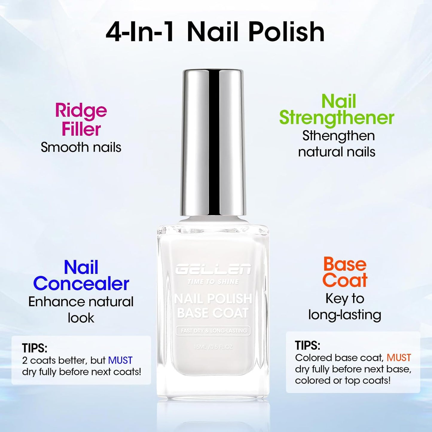 Gellen 4-In-1 Illuminating Nail Concealer Base Coat Polish Milky White, Nail Strengthener Ridge Filler For Nails, Sheer Nail Polish Smooth Strengthen Natural Nails, Quick Air Dry, Hema Free, Non-toxic