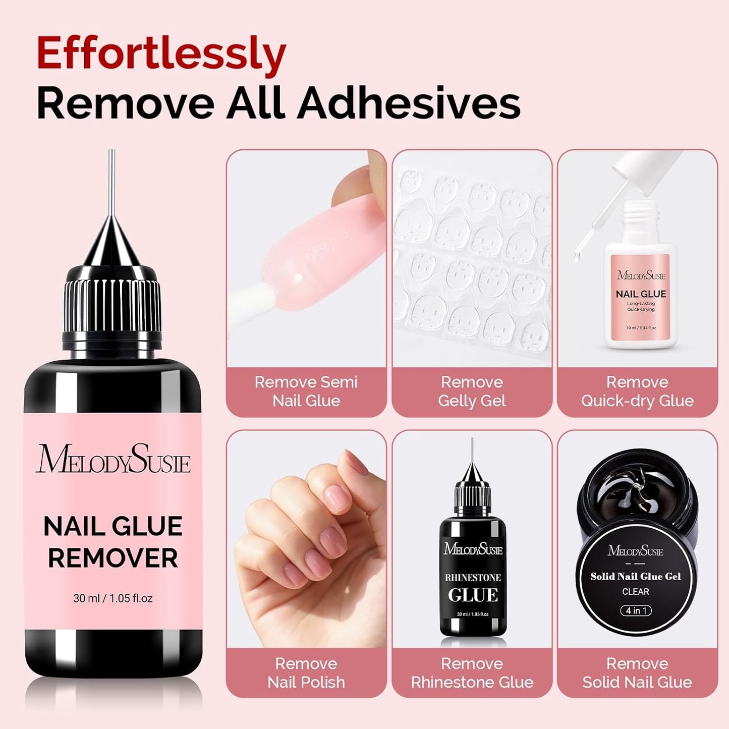 MelodySusie 30ML Nail Glue Remover for Press on Acetone Free Nail Polish Remover Multi-Functional Remover for Nails Tips Gentle Glue Remover for Gel x Nails for Home Salon
