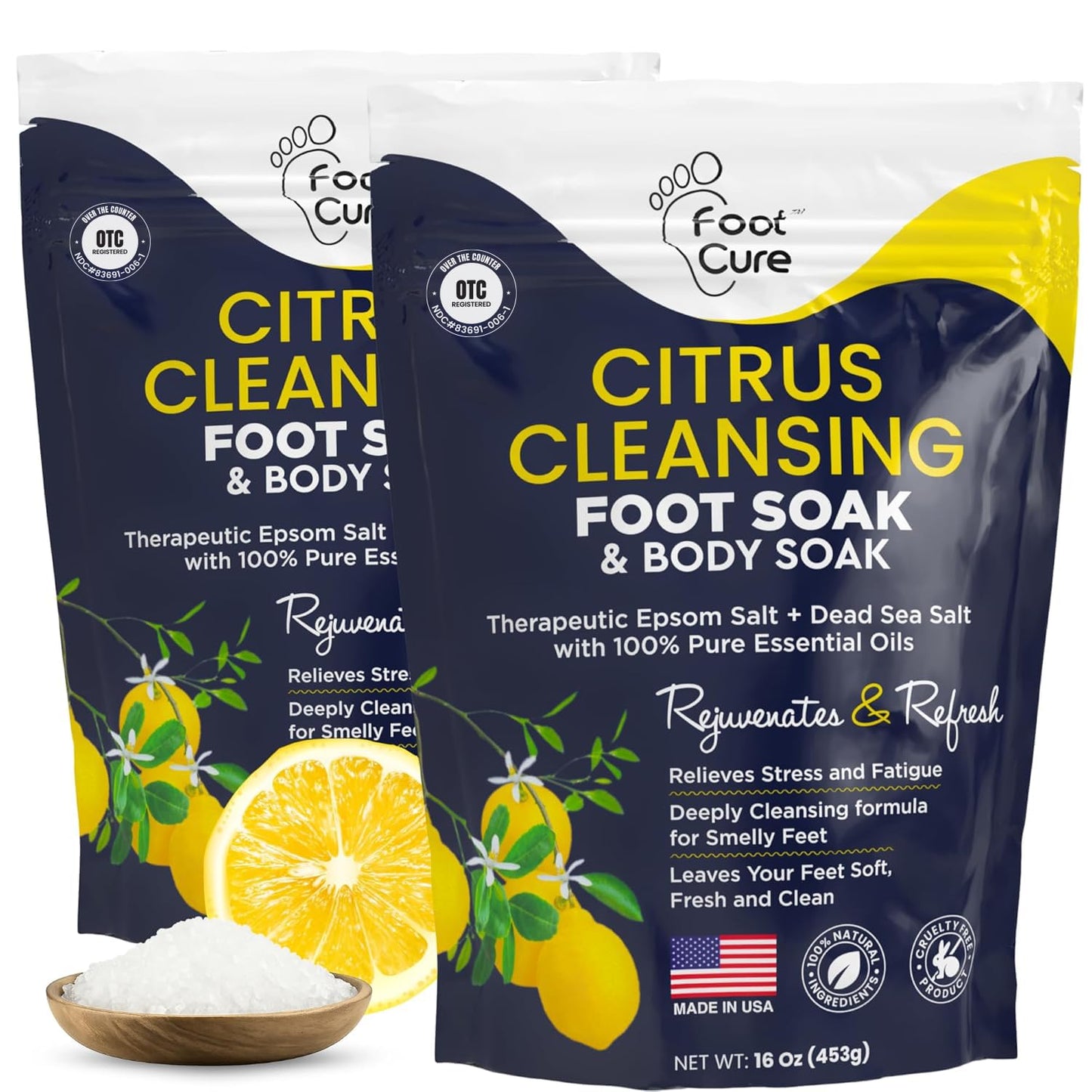 Citrus Detox Foot Soak With Epsom Salts - for Foot Callus, Immune Boost, Damaged Toenail, Athletes Foot, Pedicure and Soothes Tired Aching Feet - Made in USA 16 oz (Pack of 2)
