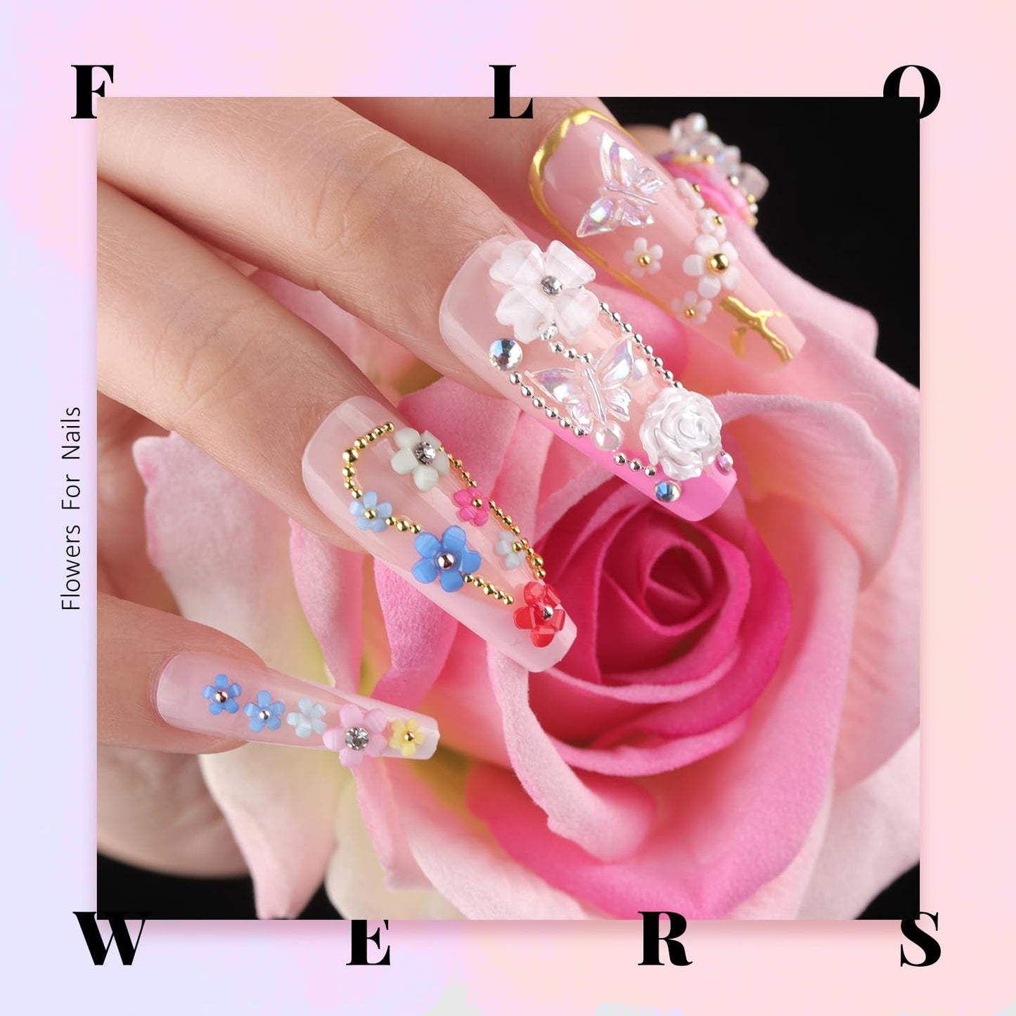 3D Flowers, Manicure Kit with Gel Glue, Colorful Acrylic Flower Nail Charms & Caviar Beads, Rhinestones & Gem Glue (UV/LED Needed) with Pickup & Dotting Tools