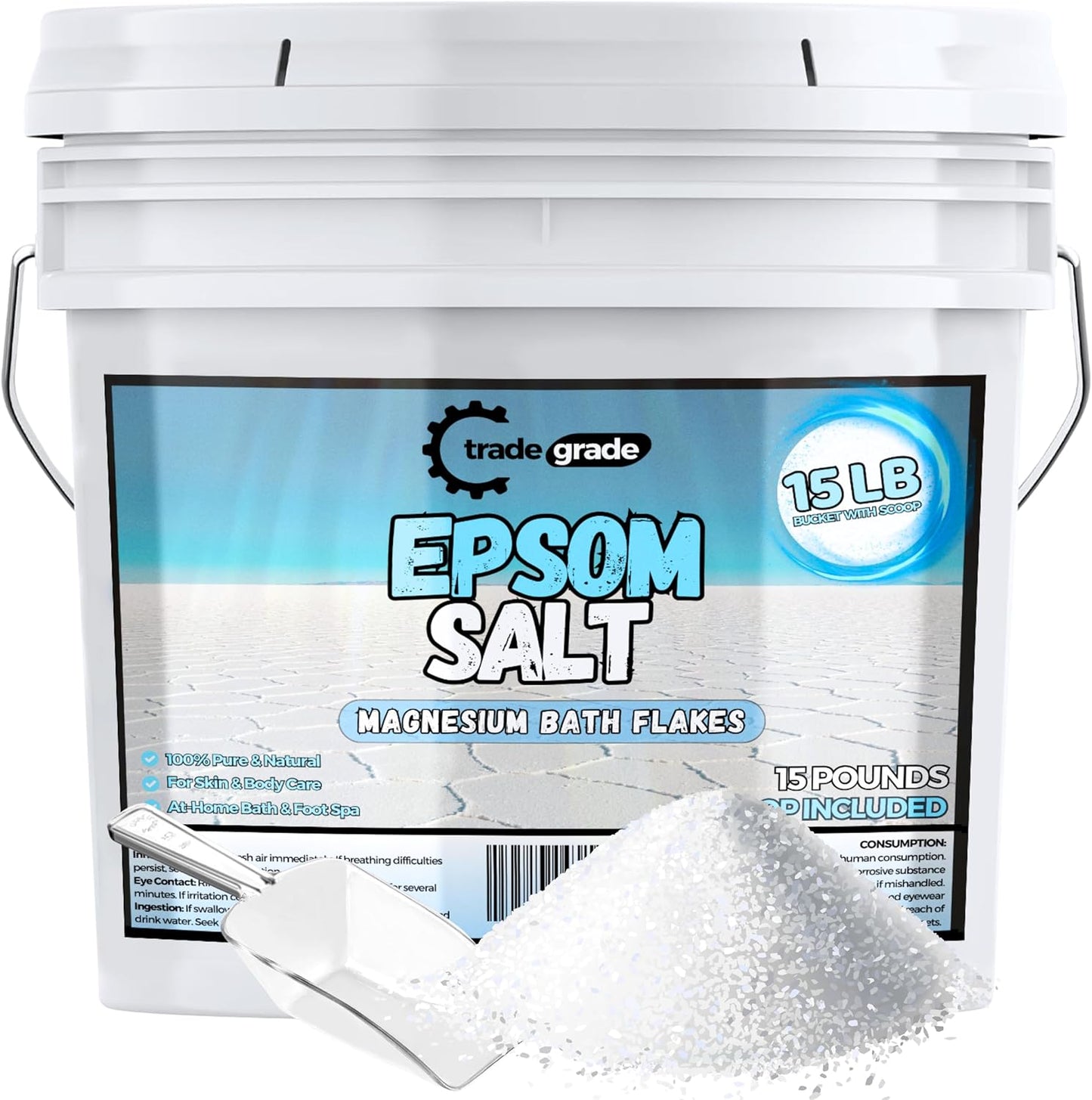 Epsom Salt Bath Soak 15 lb Bucket – Unscented, Pure Epsom Salt Bulk Crystals, Magnesium Sulfate for Full Body or Foot Soaks, Resealable Container with Scoop for Home Bath Use