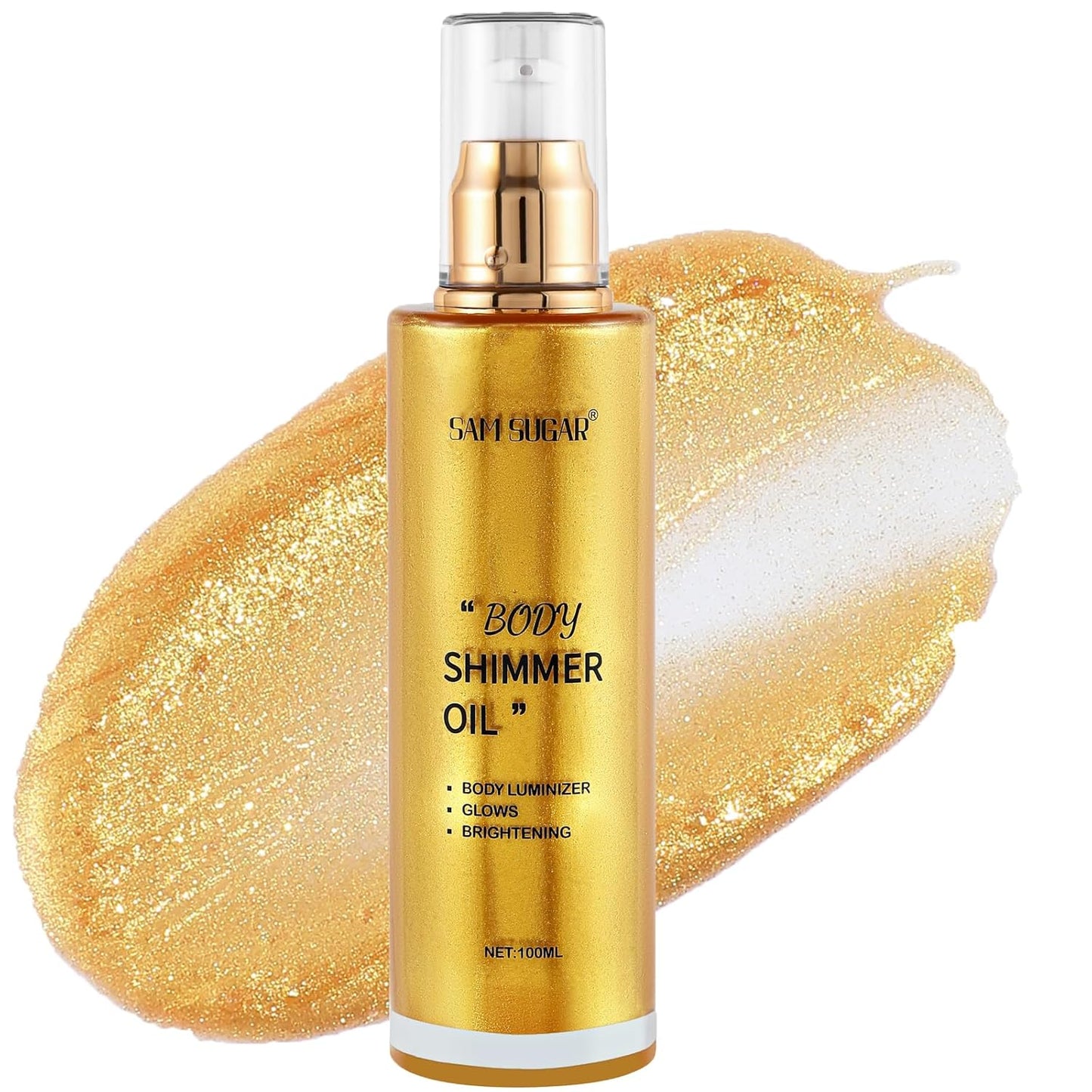 Shimmer Body Oil, Long Lasting Moisturizing Body Glow Glitter for Women Face Luminizer Highlighter Makeup 100ml Shimmer Oil for Glowing Skin Lotion (Gold)