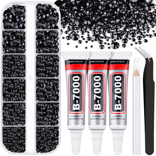 Resin Rhinestones for Bedazzling with B7000 Jewelry Glue, 1 Box Black Flatback Crystals with 3Pcs 10ml Glue for Crafting Crafts，Non Hotfix Gems for Clothing Shoes Nail Art Makeup
