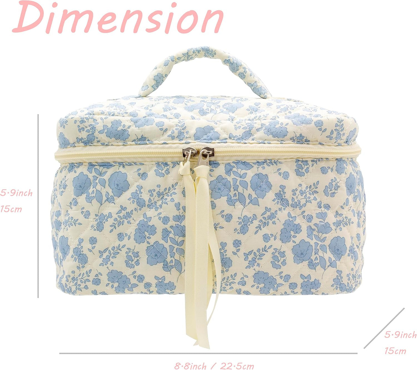 PAZIMIIK Cotton Makeup Bag for Women Large Quilted Travel Cosmetic Case Girls' Make Up Organizer,Little Flower Blue