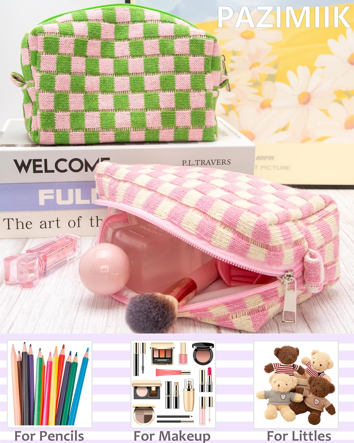 PAZIMIIK Checkered Makeup Bag for Purse Portable Zipper Make Up Pouch Small Cosmetic Case for Travel Accessories Pink Beige