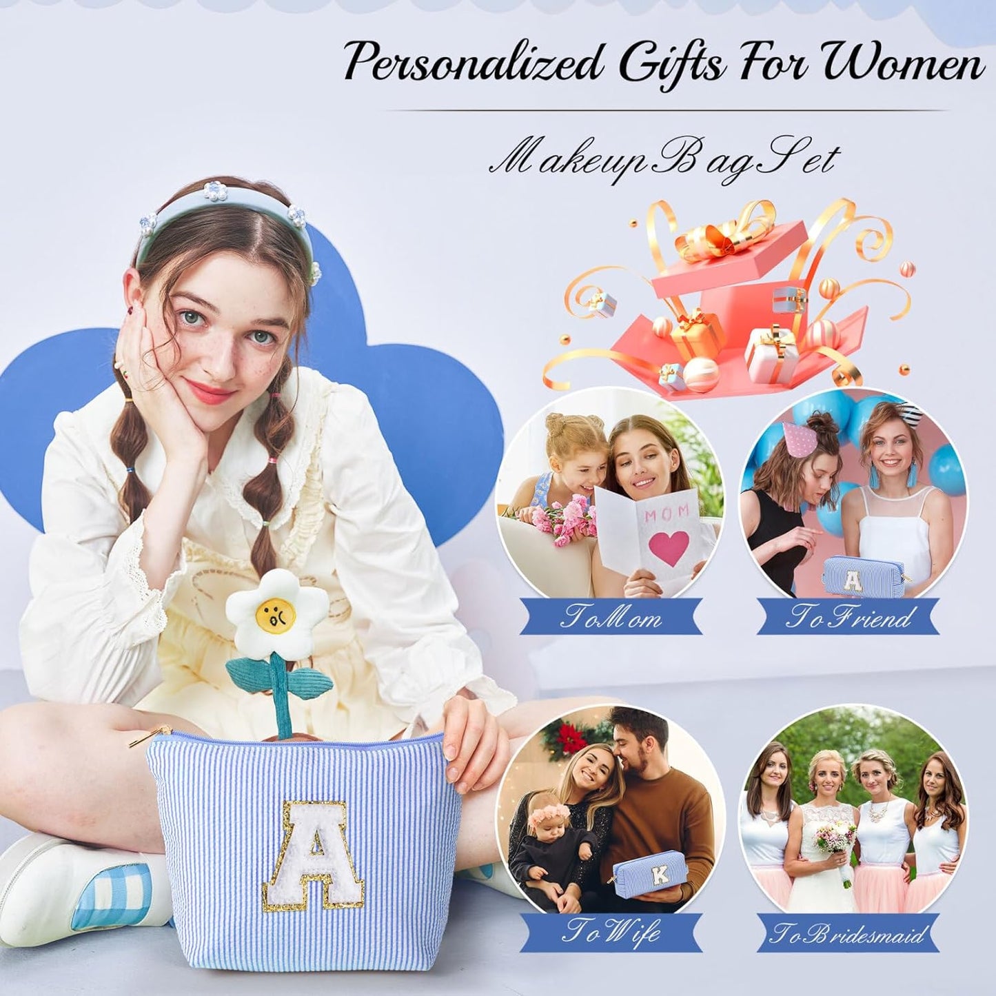 YOOLIFE Personalized Initial Makeup Bag - Travel Cosmetic Bag for Mom, Niece, Teen Girl Birthday Gifts