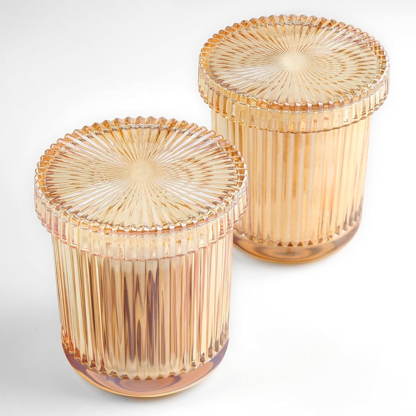 2 Pack Glass Qtip Holder Dispenser Set - Bathroom Organizer for Cotton Swabs, Balls, Pads, Floss Picks - Clear Apothecary Jars for Vanity, Makeup Storage, Bathroom Accessories Decor (Amber)