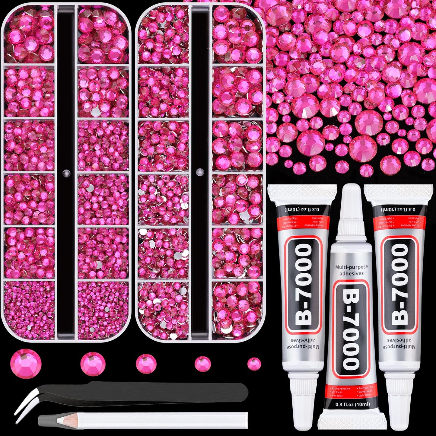 Resin Rhinestones for Crafting with B7000 Jewelry Glue, 2 Boxes Hot Pink Flatback Crystals with 3Pcs 10ml Glue for Bedazzling Crafts DIY Nail Art Makeup，Non Hotfix Gems for Clothing Shoes