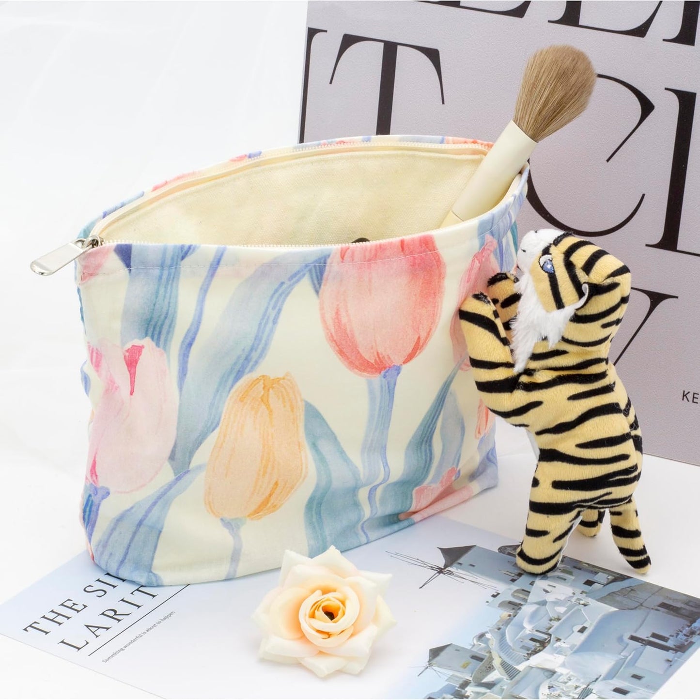 Floral Makeup Bag Large Cotton Zipper Pouch for Purse Travel Canvas Make Up Organizer for Women Cosmetic,Tulip Pink