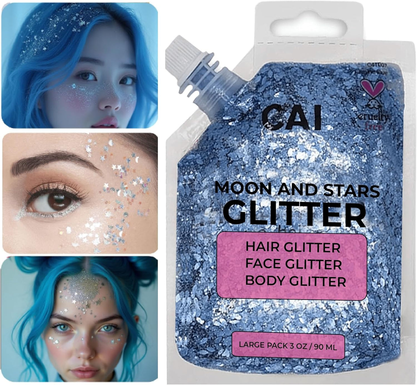 Face, Body & Hair Glitter Gel – Halloween Glitter for Kids and Women – 3 Oz Cosmetic-Grade Gel w/Moon & Stars for Festivals & Halloween Party, Easy Apply & Wash Off - Blue 1Pack