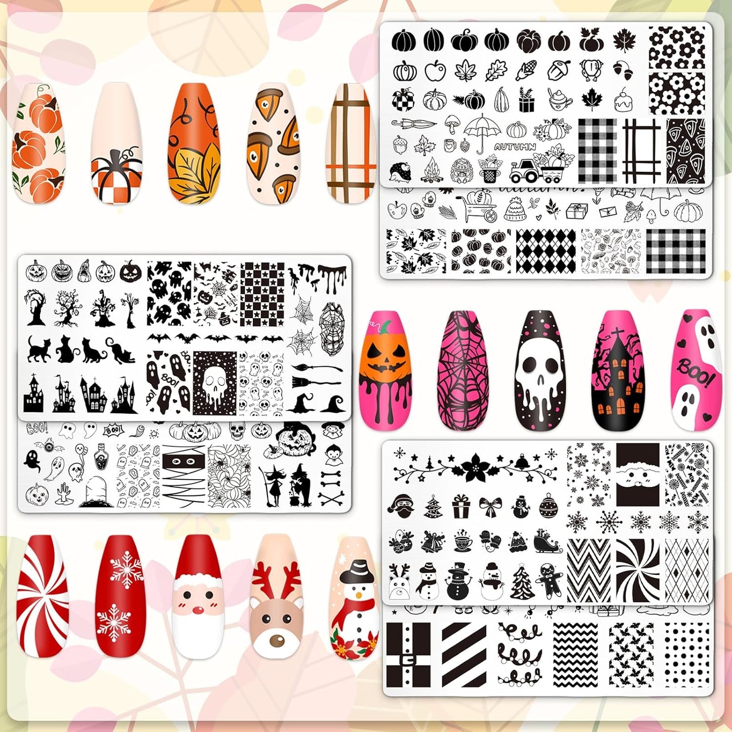 Whaline 6Pcs Fall Halloween Christmas Nail Plates Stamping Set Pumpkin Ghost Snowman Stamp Templates Nail Art Plates for DIY Print Manicure Salon Design