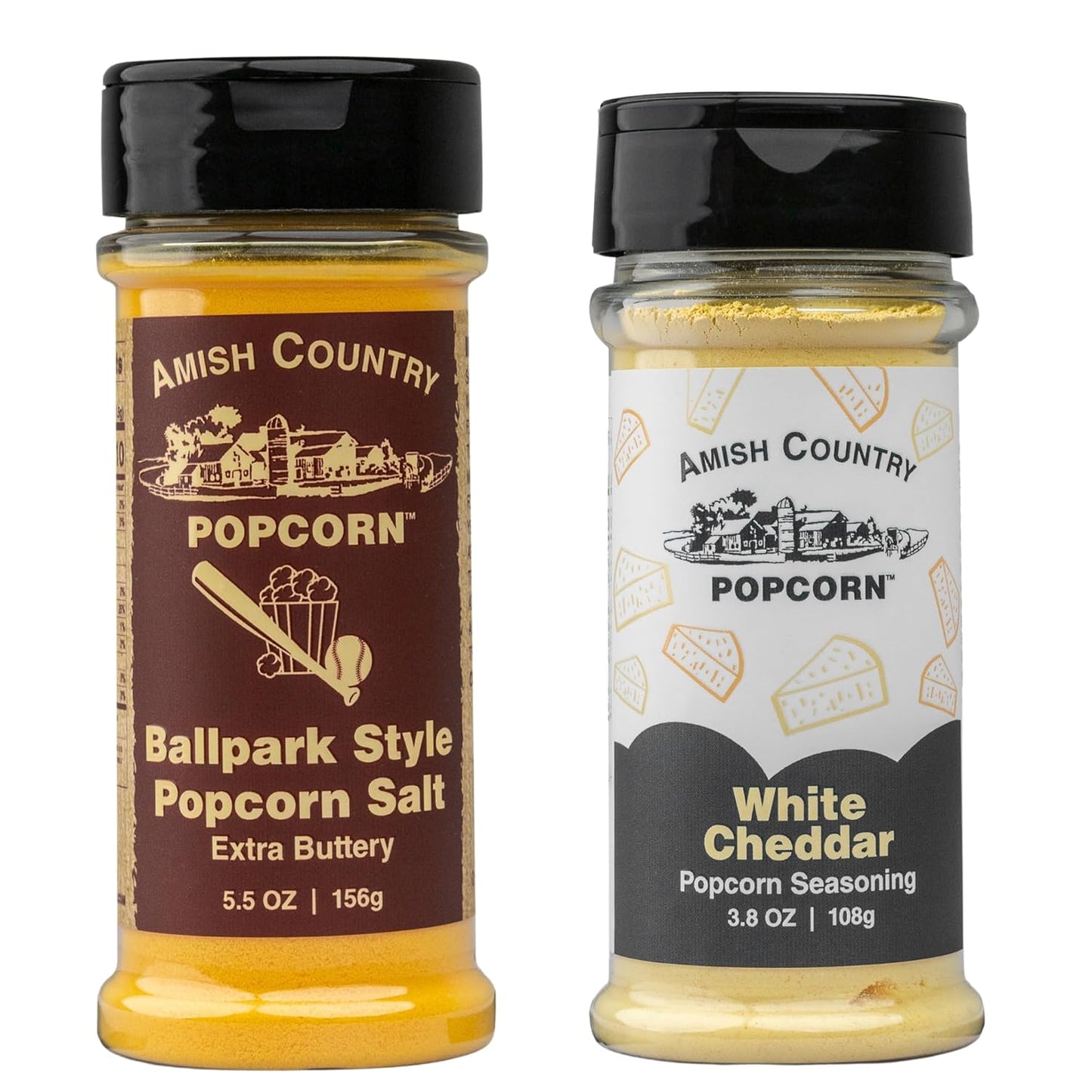Amish Country Popcorn | Seasoning Variety Pack | BallPark Style Buttersalt - 5.5 oz and White Cheddar Cheese - 3.8 oz | 2 Pack Popcorn Seasoning