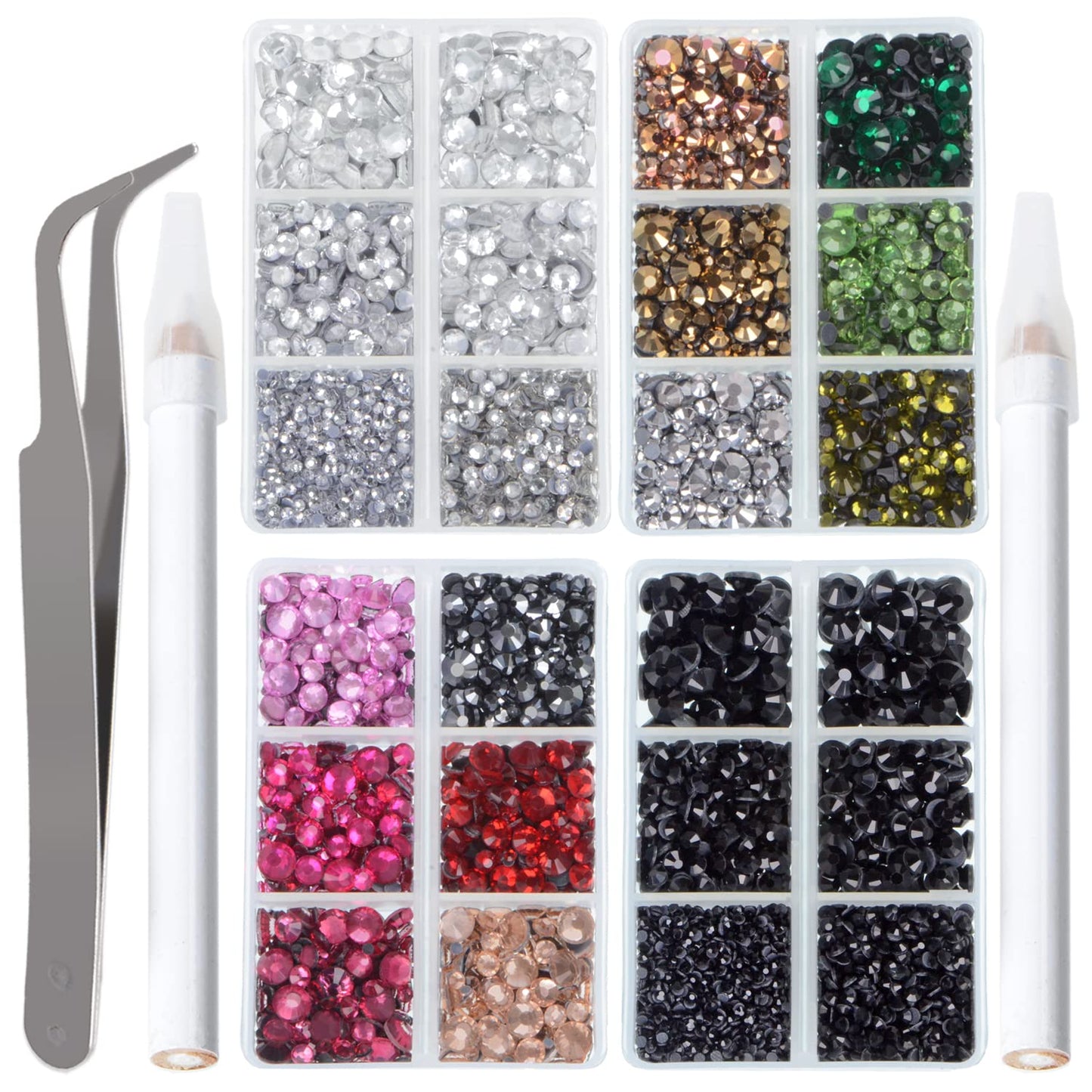 LPBeads 10000pcs Hotfix Rhinestones Flatback Glass Crystal Clear Black and 12 Mixed Color Rhinestone with Tweezers and Picking Pen for Crafts Clothes Nail Art