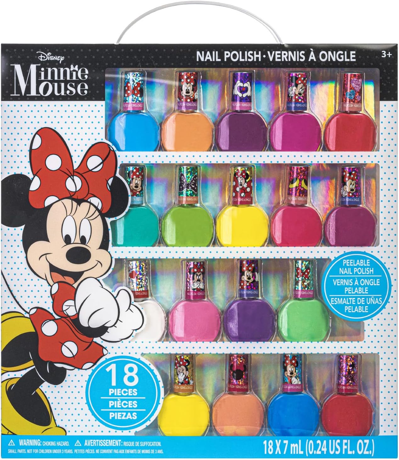 Townley Girl Disney Minnie Mouse 18 Piece Water-Based Nail Polish Set, Quick Dry and Peels-Off, Nail Paint Set for Girls, Perfect for Parties, Sleepovers and Makeovers, Ages 3
