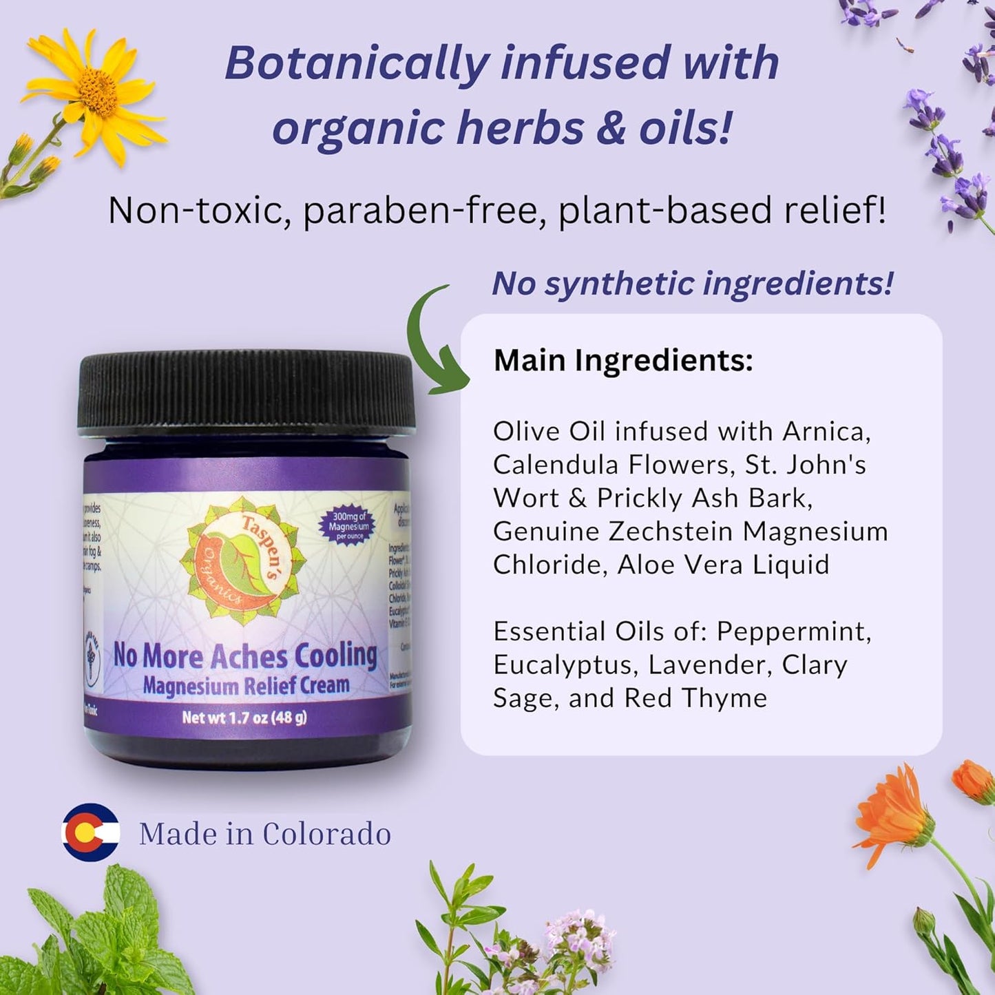 Taspen's Organics Magnesium No More Aches Cooling Cream - Muscle Relief- Sore Muscles & Post-Workout Recovery - Natural Comfort for Tension & Cramps - Made in USA (1.7 oz)