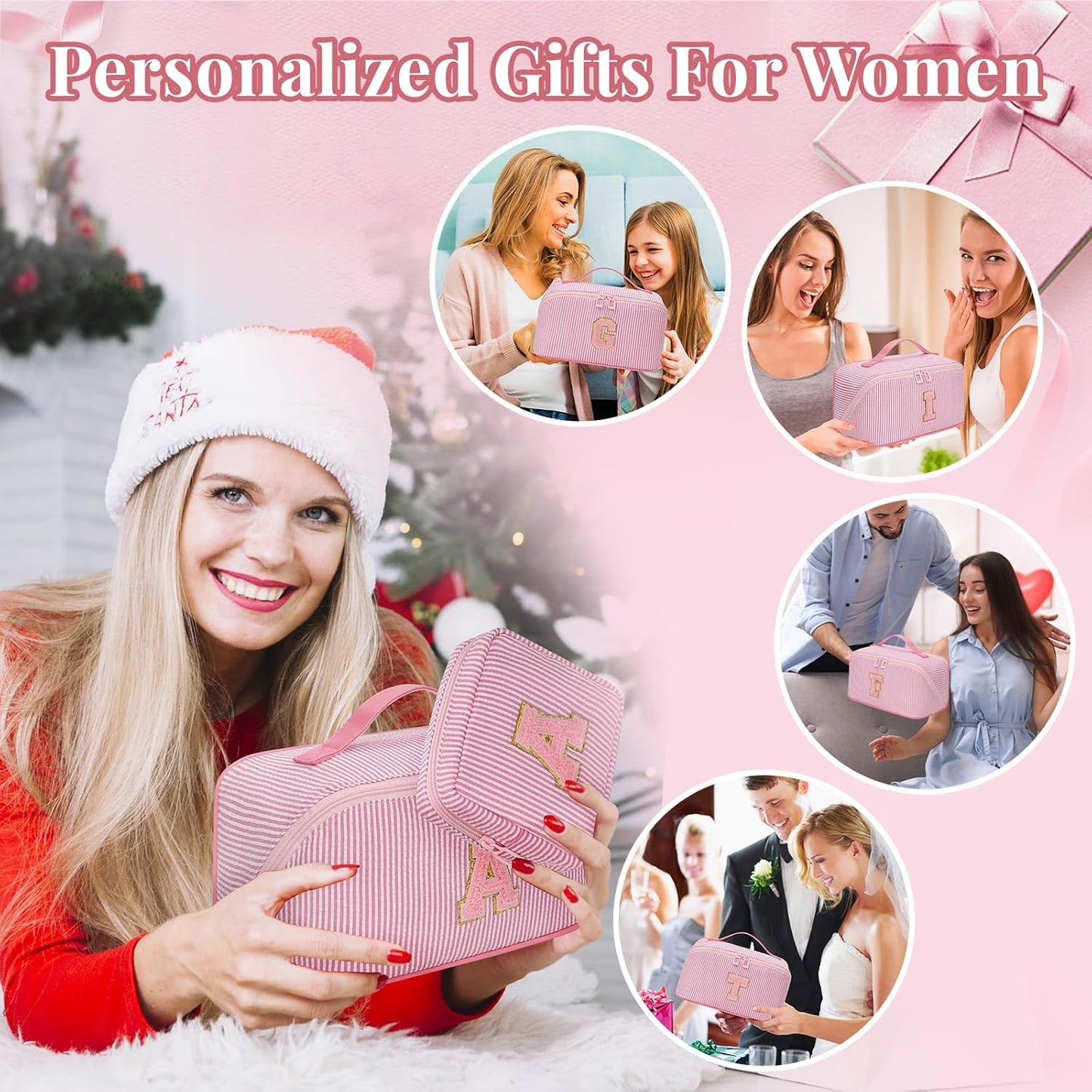 Travel Makeup Bag for Women, 2Pcs Portable Personalized Initial Makeup Organizer Bag, Open Flat Large Cosmetic Bag With Travel Essential Pouch (Pink Letter F)