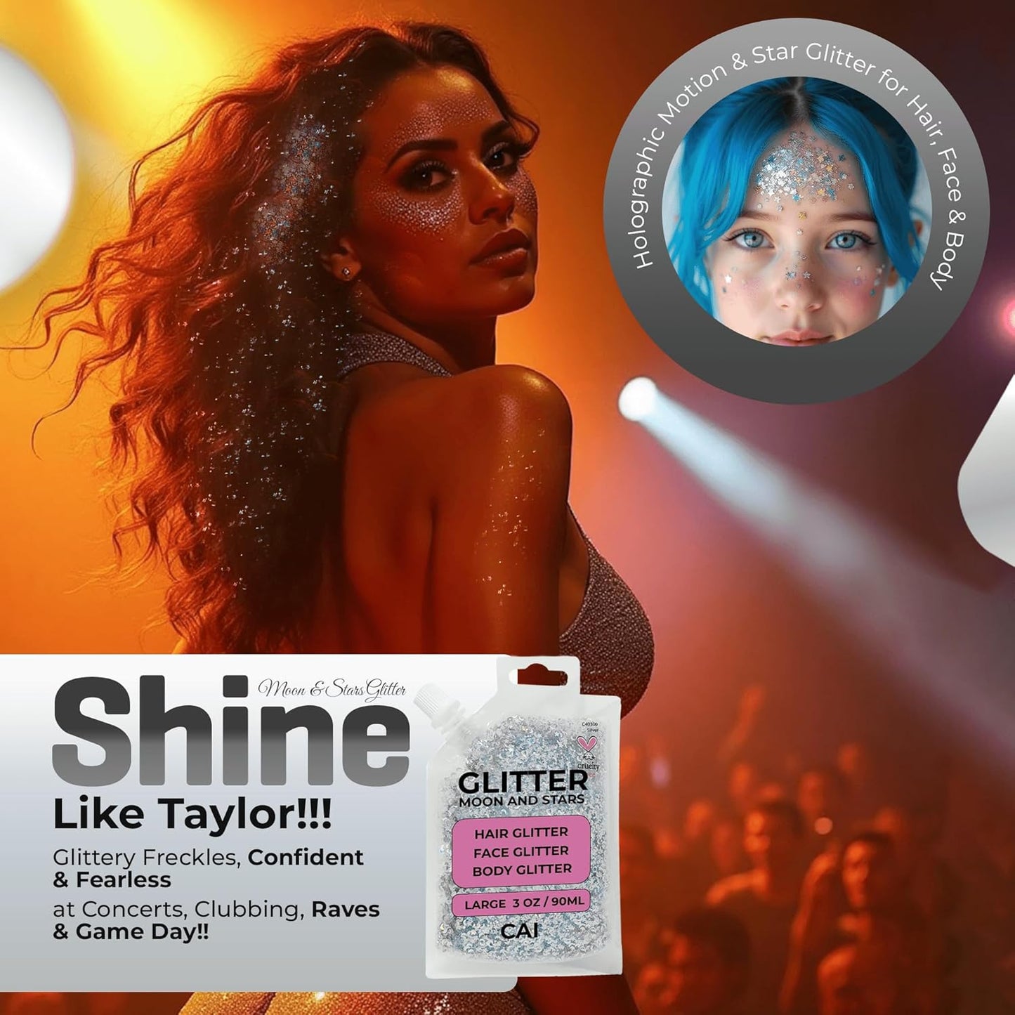 Face, Body & Hair Glitter Gel – Halloween Glitter for Kids and Women – 3 Oz Cosmetic-Grade Gel w/Moon & Stars for Festivals & Halloween Party, Easy Apply & Wash Off - Silver/Pink 2Pack