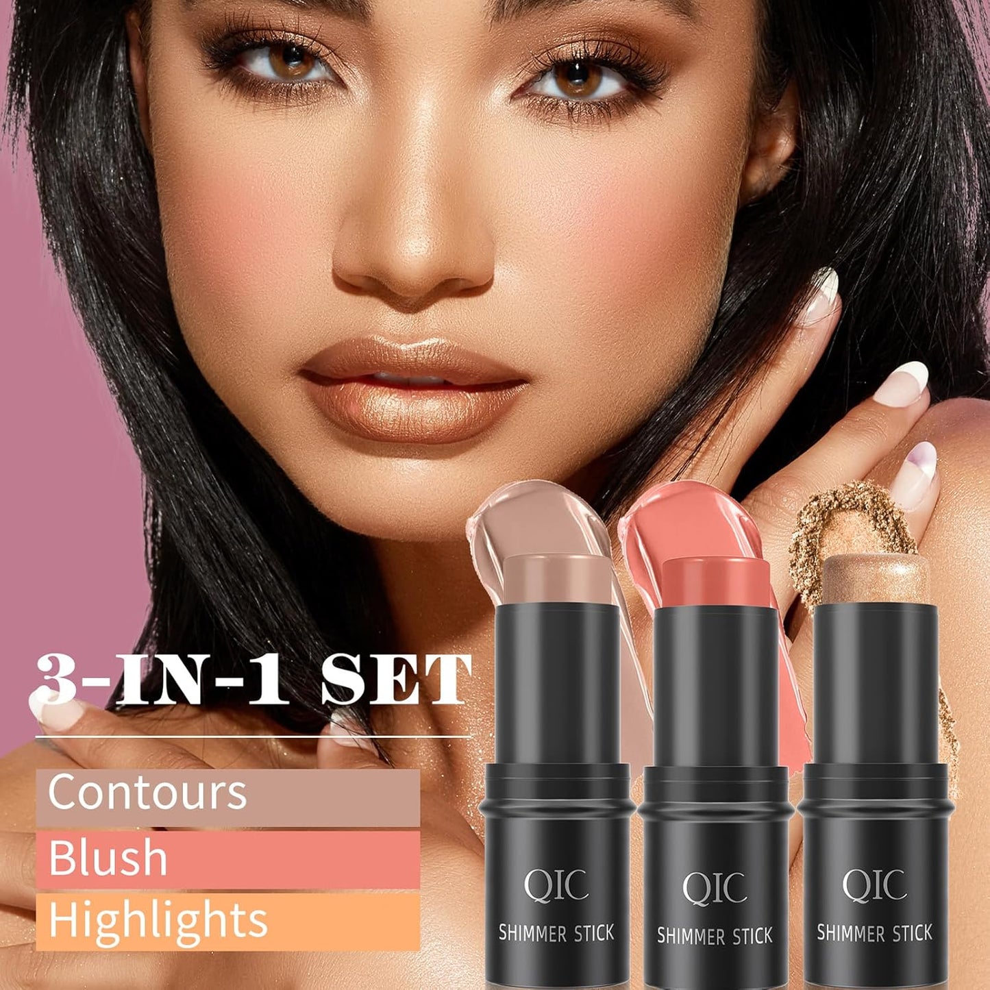 3 Pcs Contour Highlighter Stick Cream Blush for Cheeks Eyes Lips Lightweight Dewy Finish Bronzer Waterproof Long Lasting Contour Stick Trio Wand Face Makeup Set（Send brushes）