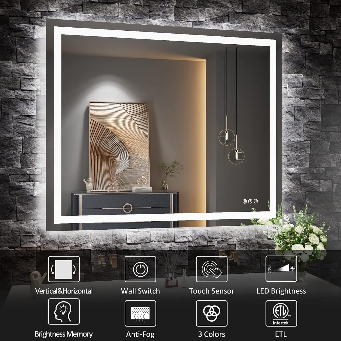 Amorho LED Bathroom Mirror 48''X40'' with Front and Backlit, Stepless Dimmable Wall Mirrors with Anti-Fog, Shatter-Proof, Memory, 3 Colors, Double LED Vanity Mirror, ETL Listed