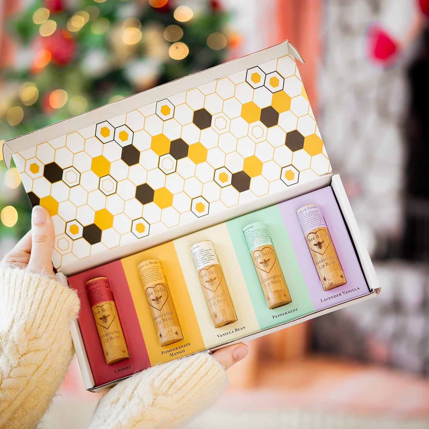 Bee Bella Lip Balm Variety 5 Pack Gift Set, Cherry, Pomegranate Mango, Vanilla Bean, Peppermint, & Lavender Vanilla, Gift, Organic Beeswax with Vitamin E, Handmade in USA