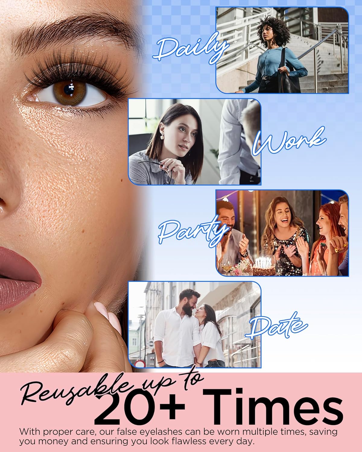 BEYELIAN 14 Pairs False Eyelashes Clear Band D Curl 9-15MM Eye Lashes Pack, Soft and Lightweight Invisible Band Faux Mink Lashes, Reusable, Easy to Apply (14P-HSCS-55)